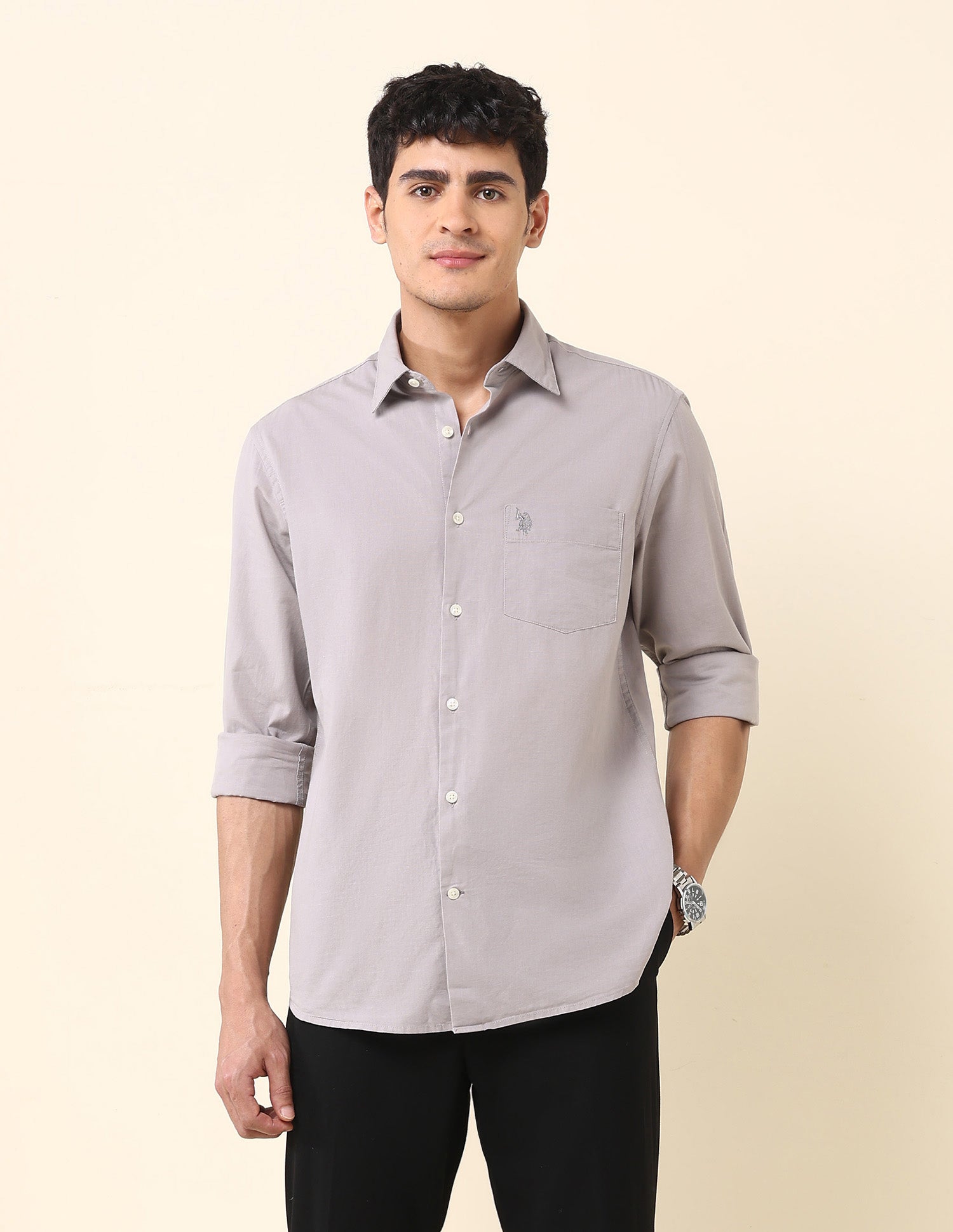 Solid Twill Tailored Fit Shirt Light Grey - U.S. Polo Assn. India | Large