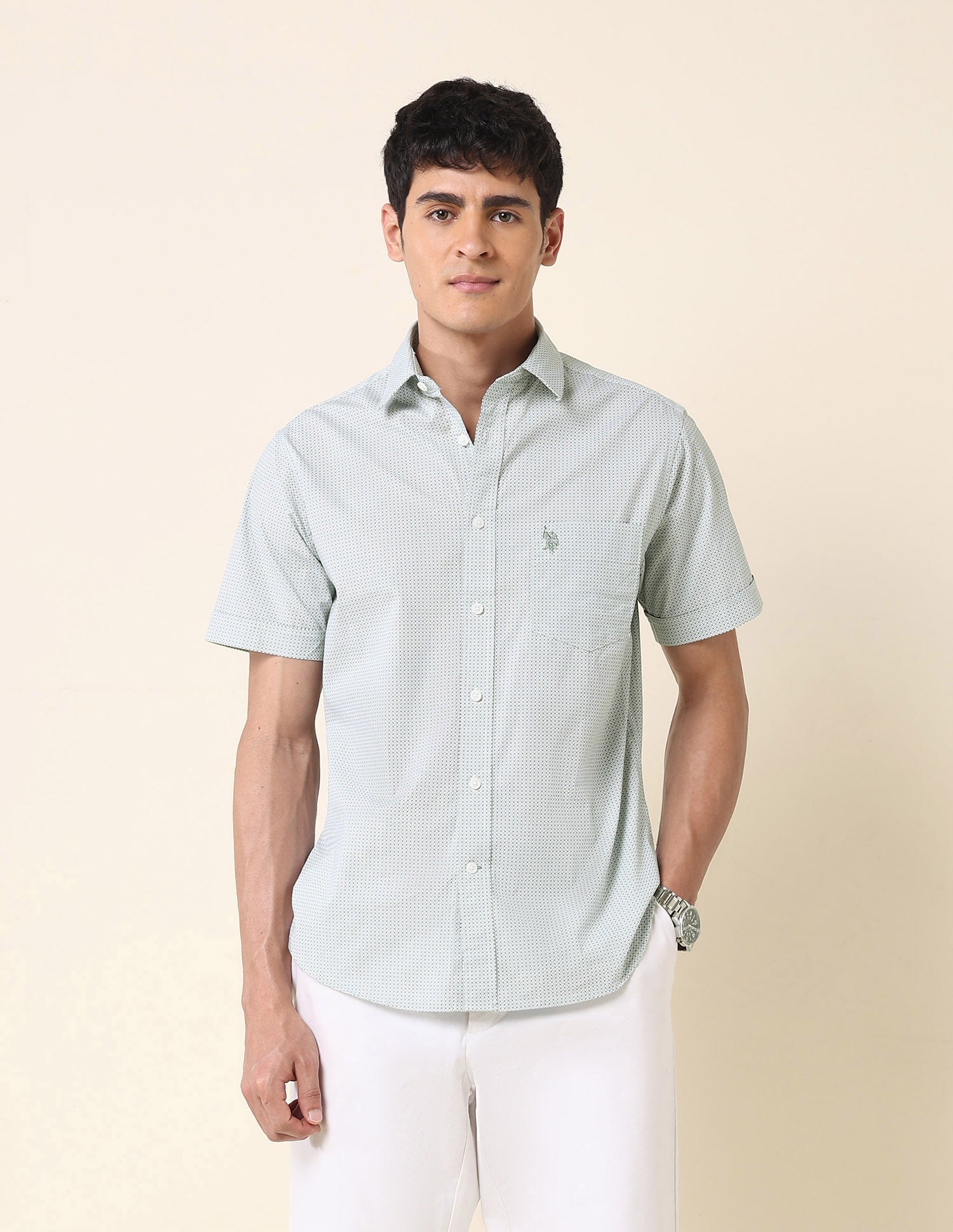 Tailored Fit Geometric Printed Shirt Green - U.S. Polo Assn. India | Large