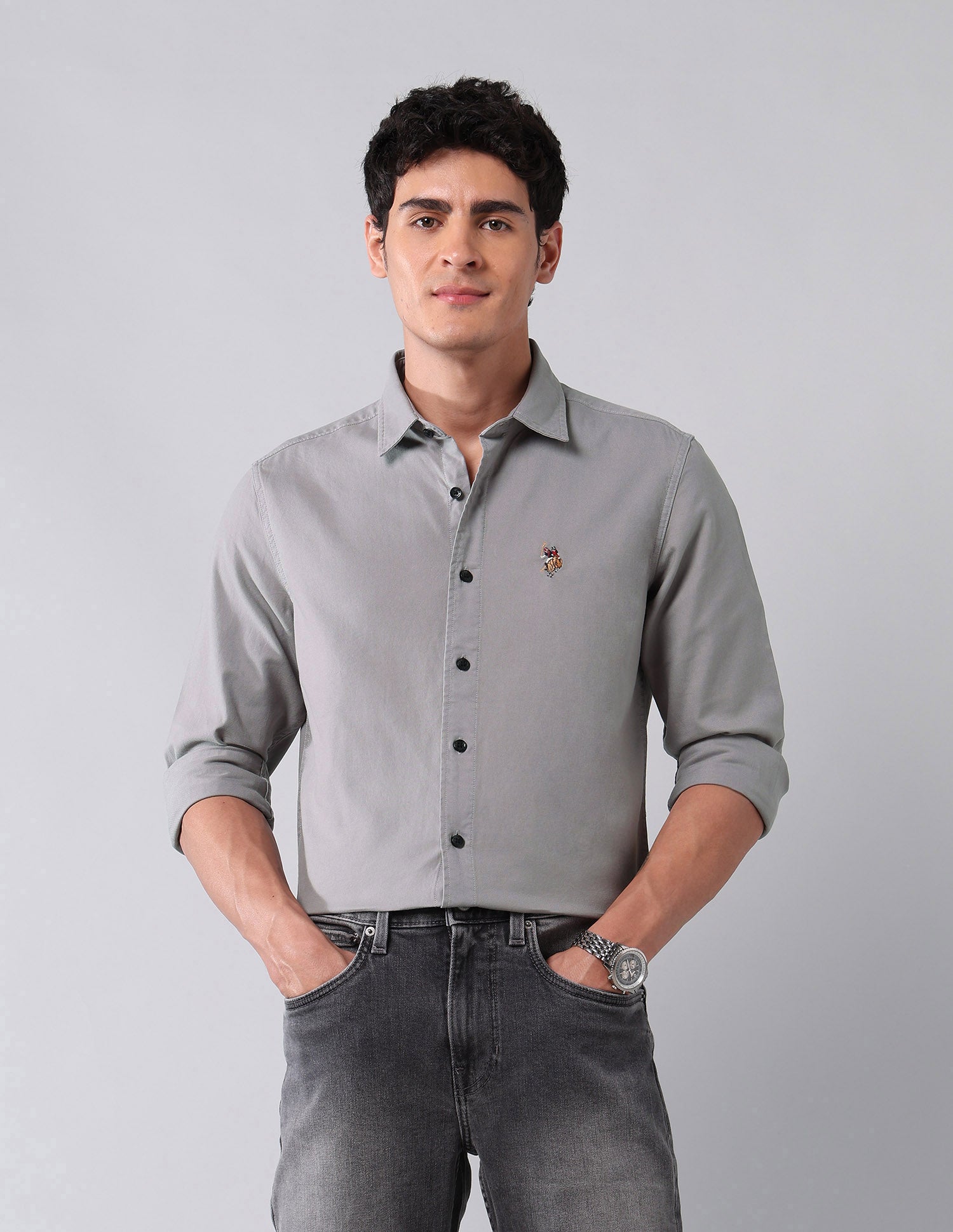 Pure Cotton Regular Fit Twill Shirt Grey - U.S. Polo Assn. India | Large