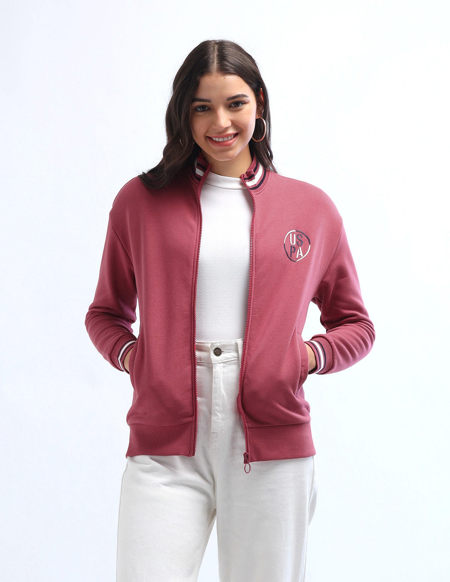 Tipped Collar Zip Up Sweatshirt Pink - U.S. Polo Assn. India | Large