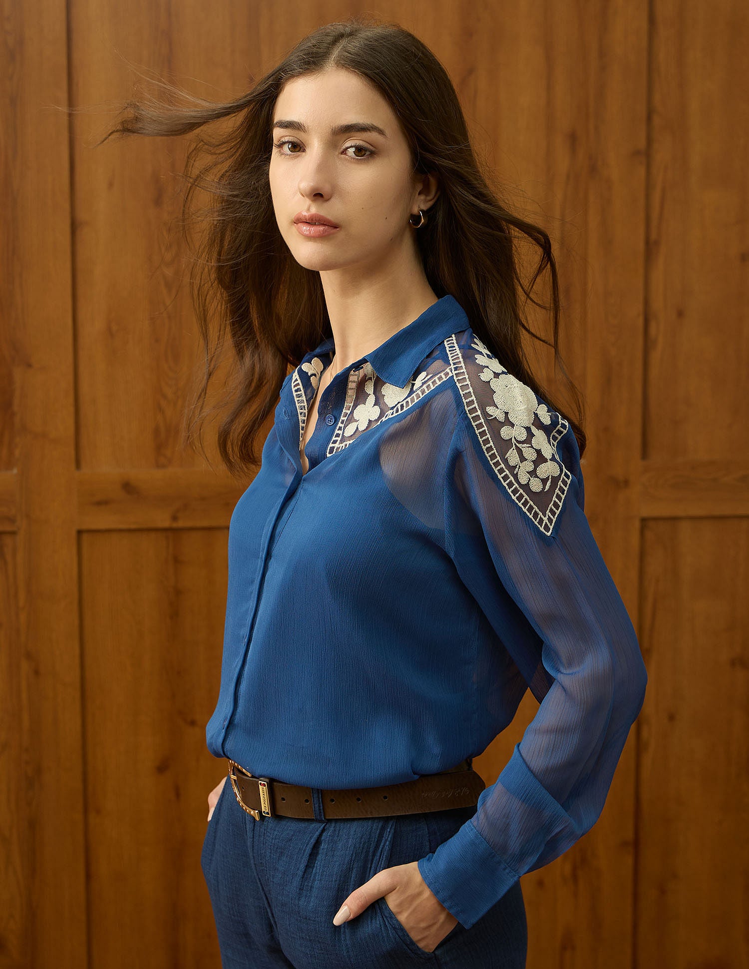 Chiffon Sheer Floral Embroidered Shirt Blue - U.S. Polo Assn. India | Large