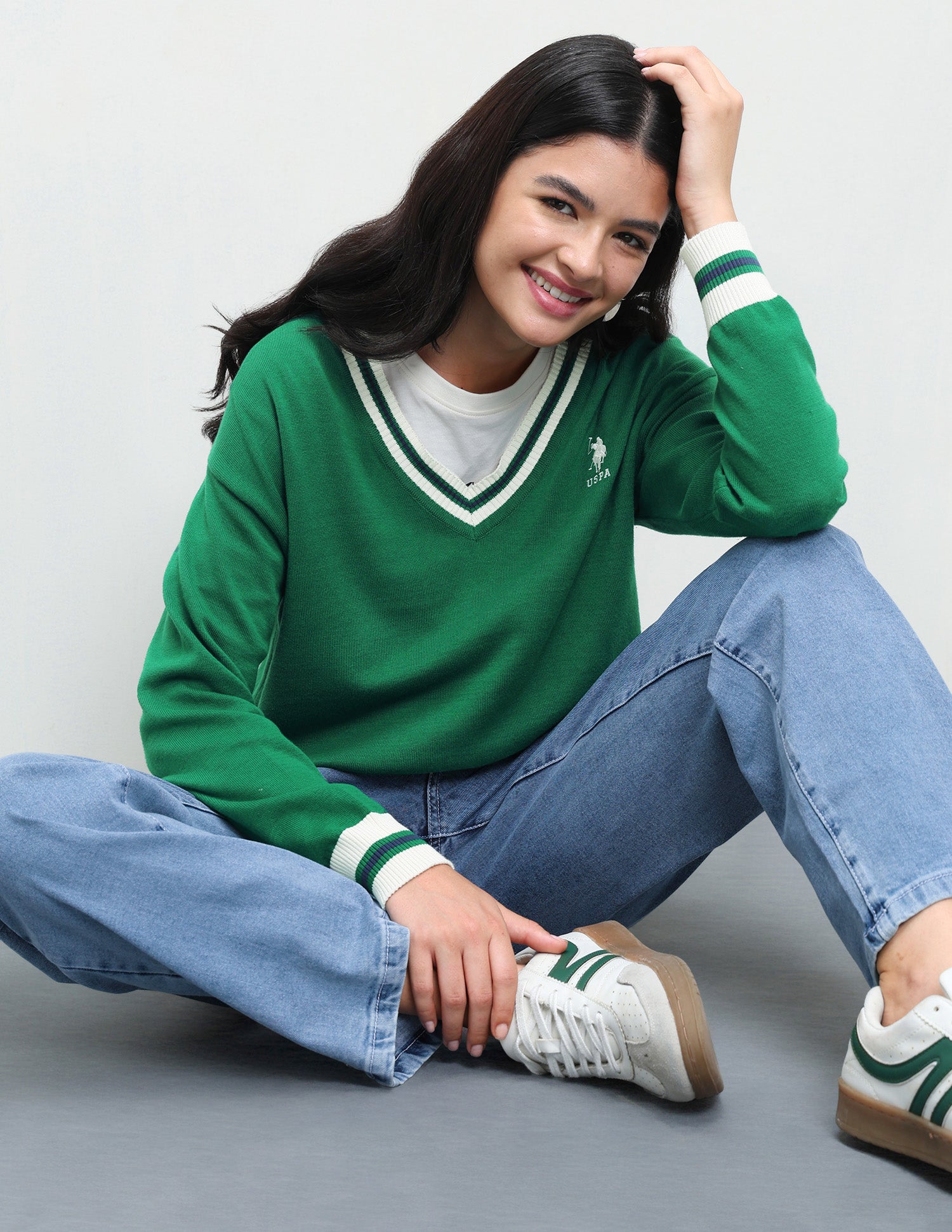 Solid Regular Fit Sweater Green - U.S. Polo Assn. India | Large