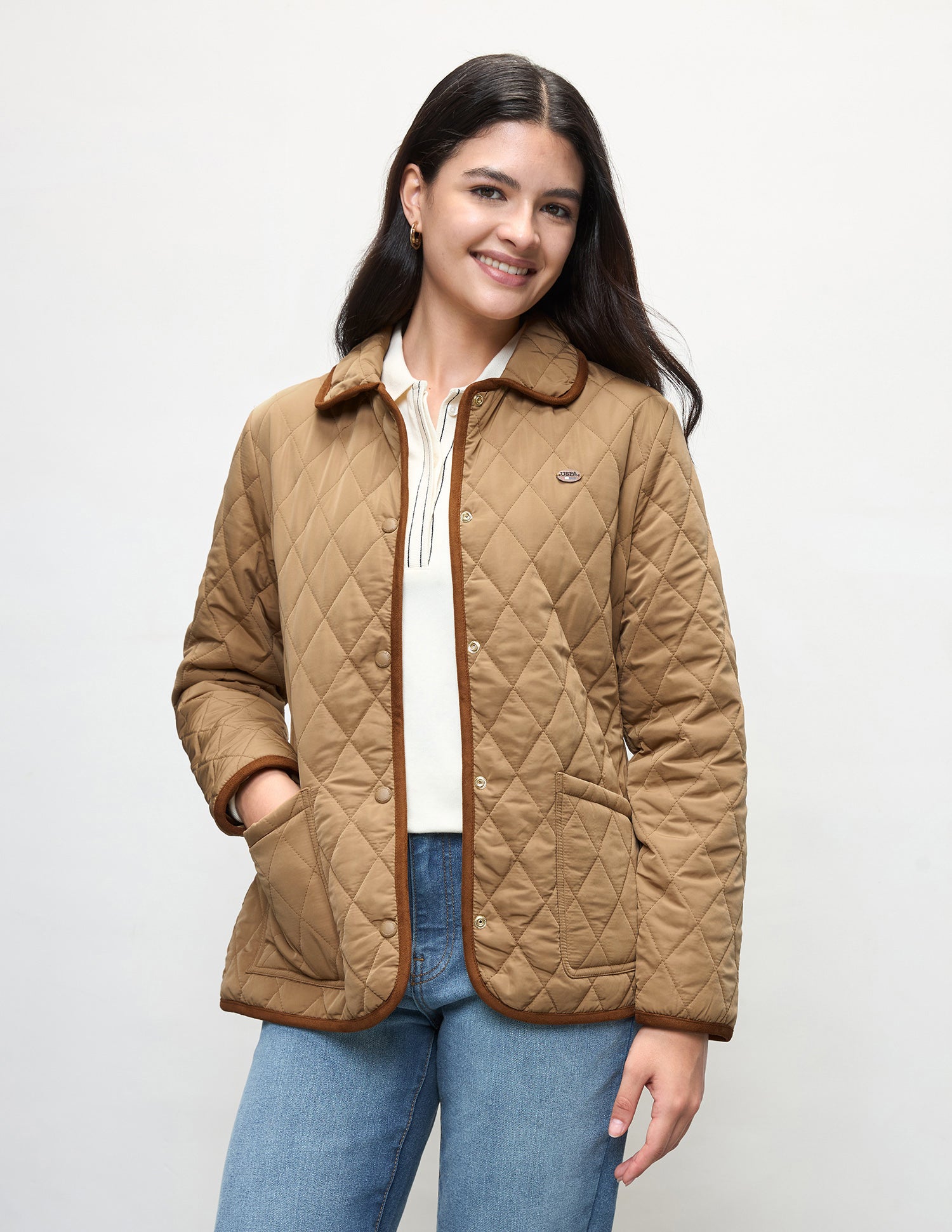 Solid Regular Fit Quilted Jacket Beige - U.S. Polo Assn. India | Large