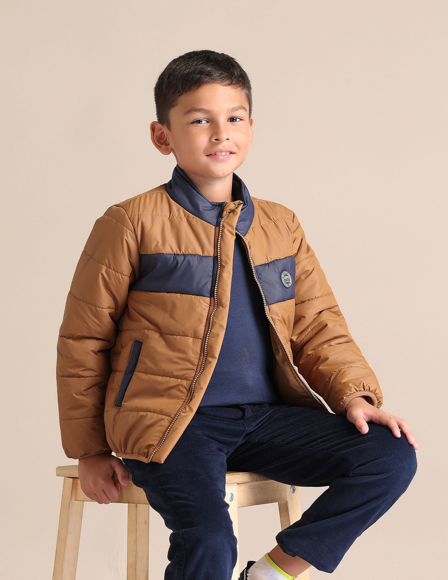 Boys Solid Stand Collar Jacket