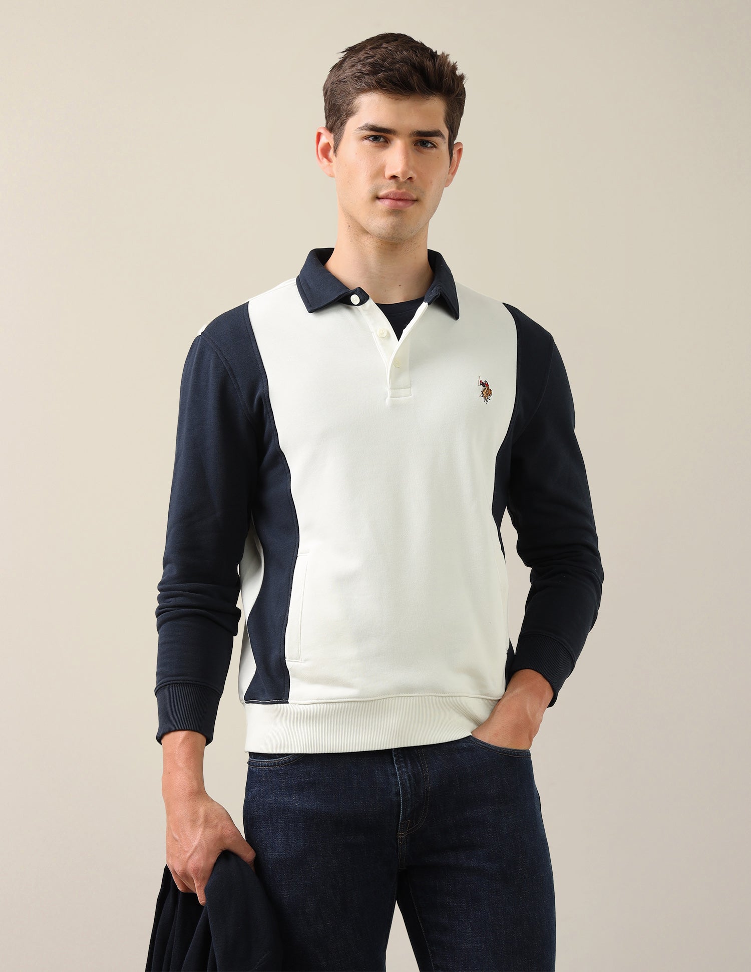 Colour Blocked Regular Fit Sweatshirt Ivory - U.S. Polo Assn. India | Large