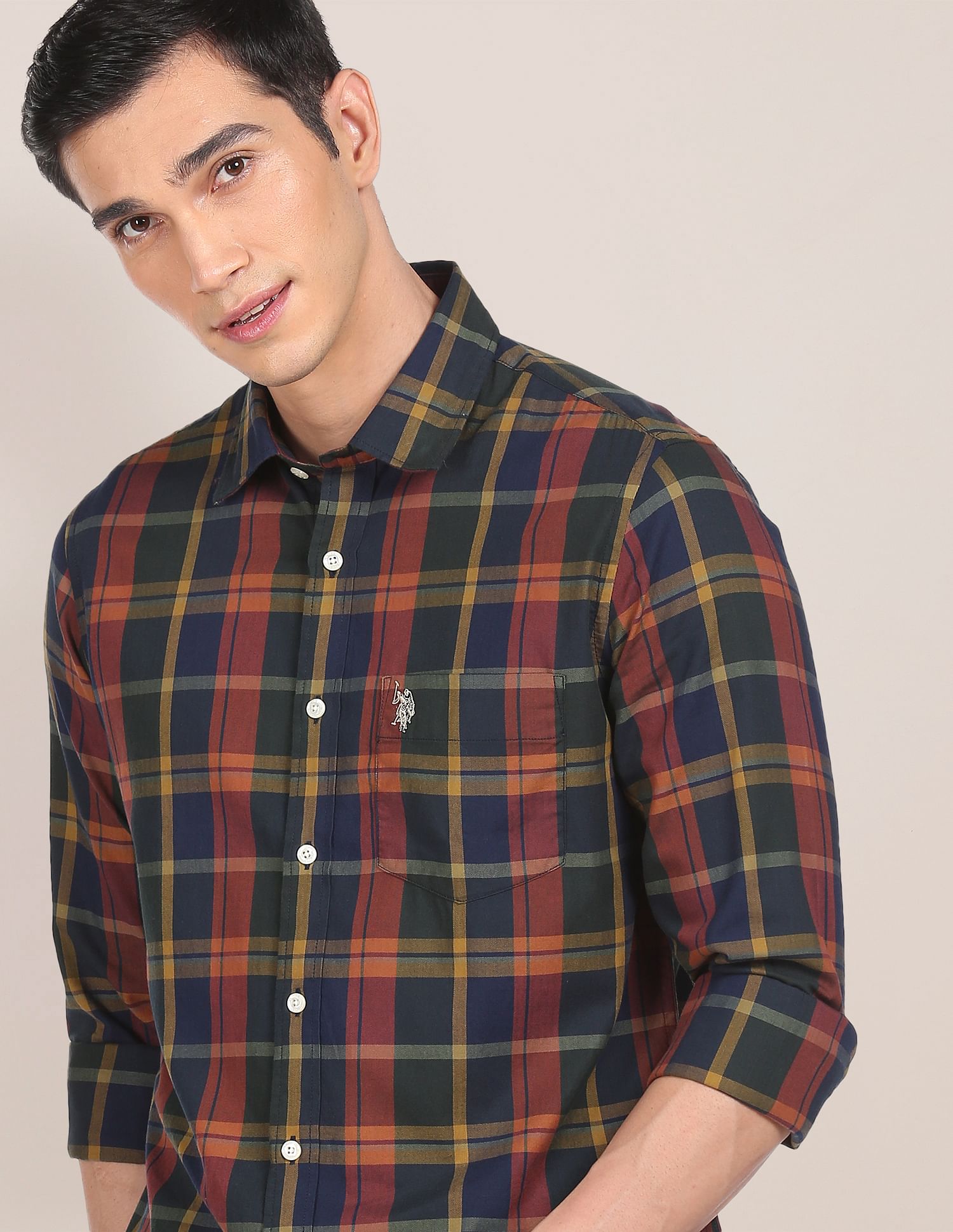 Men Navy Spread Collar Check Casual Shirt Navy - U.S. POLO ASSN. | Large