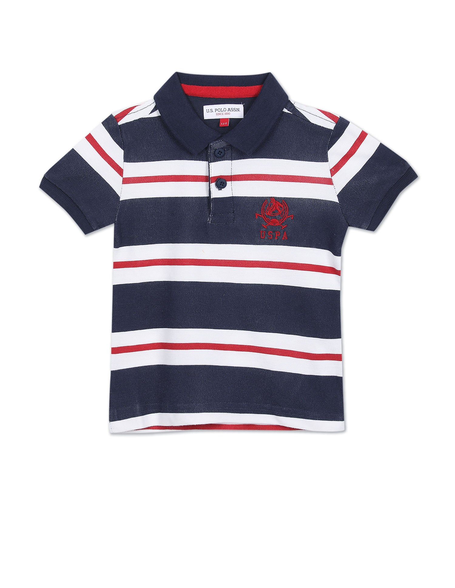 Boys Dark Blue And White Pique Striped Polo Shirt