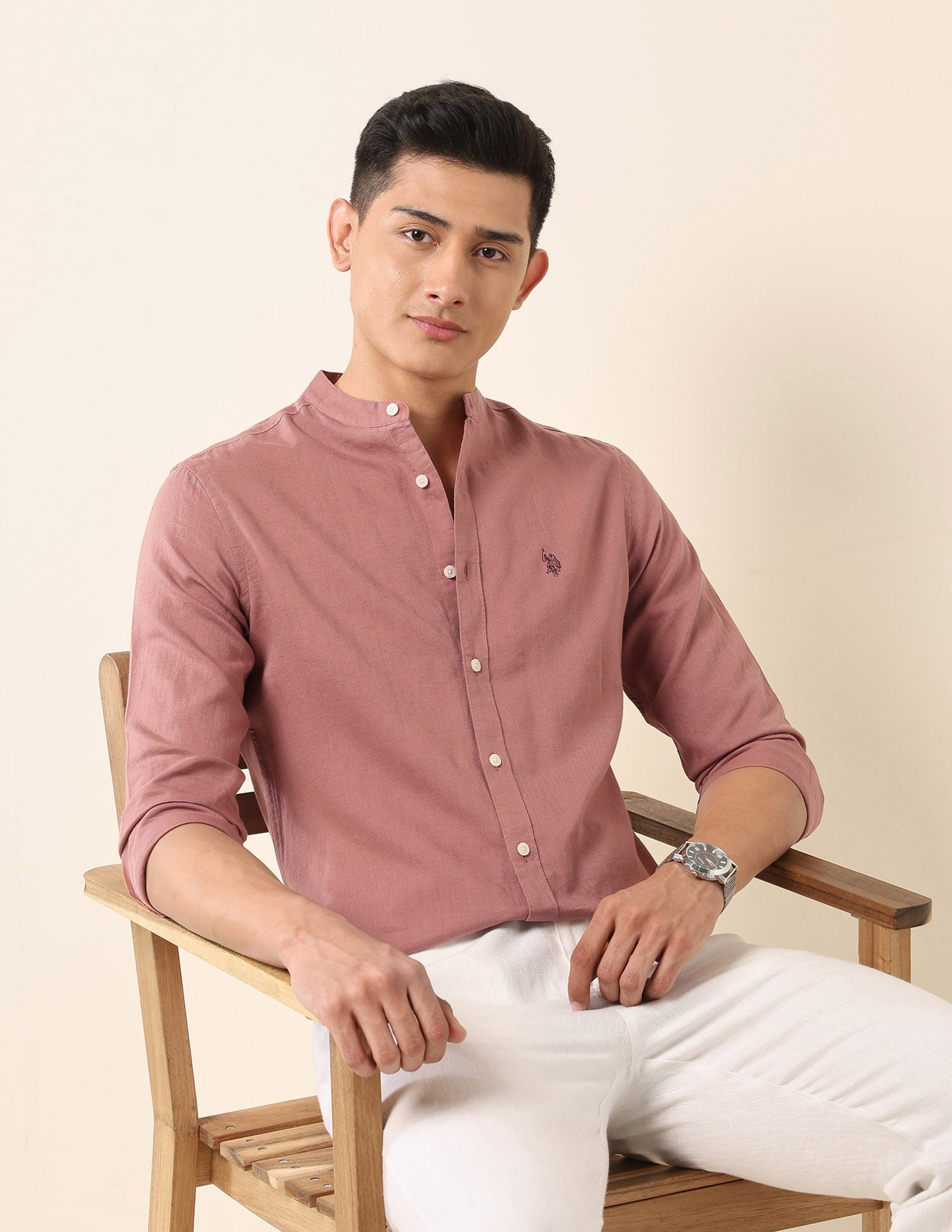 Solid Tailored Fit Mandarin Shirt