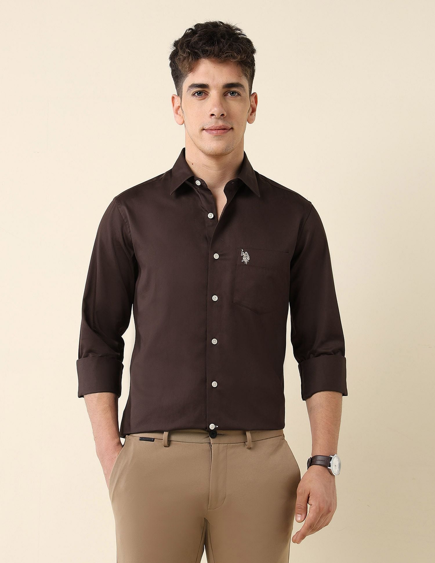 Tailored Fit Satin Shirt Brown - U.S. Polo Assn. India | Large