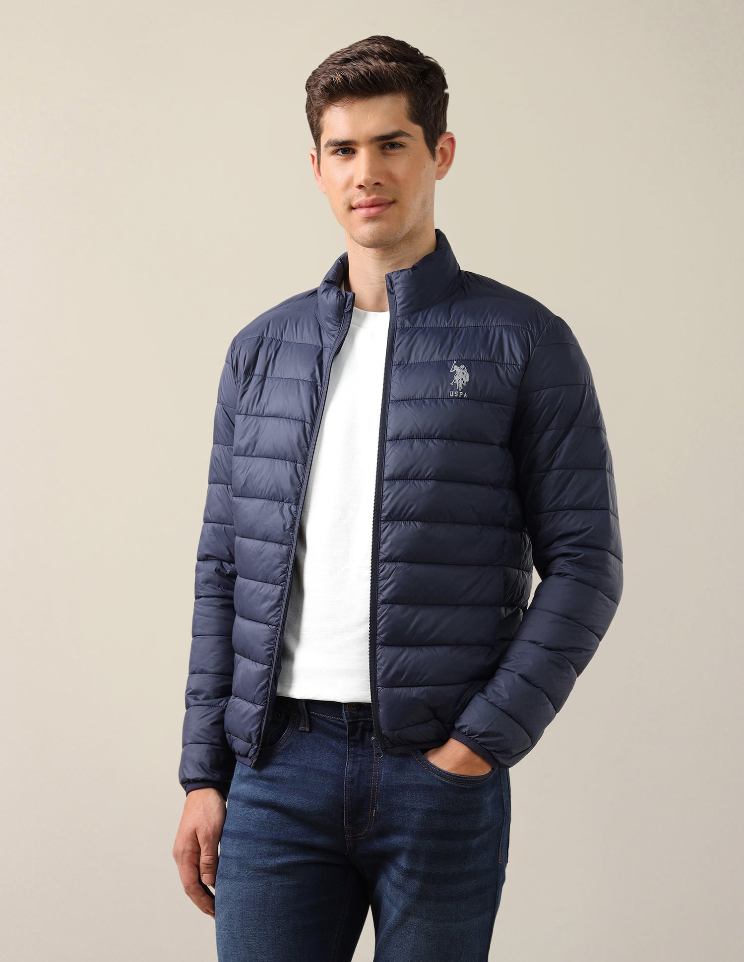 High Neck Nylon Solid Puffer Jacket Navy - U.S. Polo Assn. India | Large