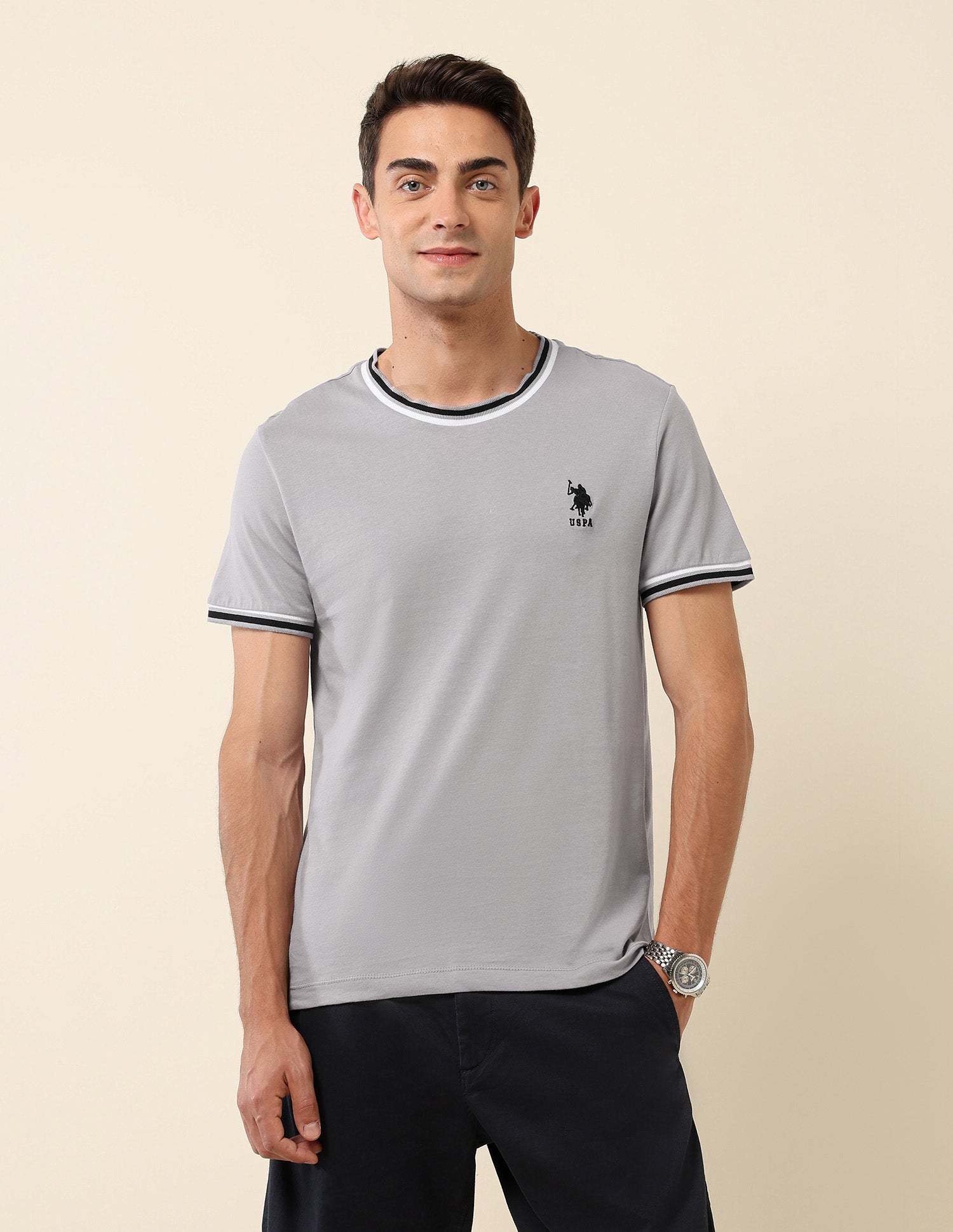 Pure Cotton Slim Fit T- Shirt Light Grey - U.S. Polo Assn. India | Large