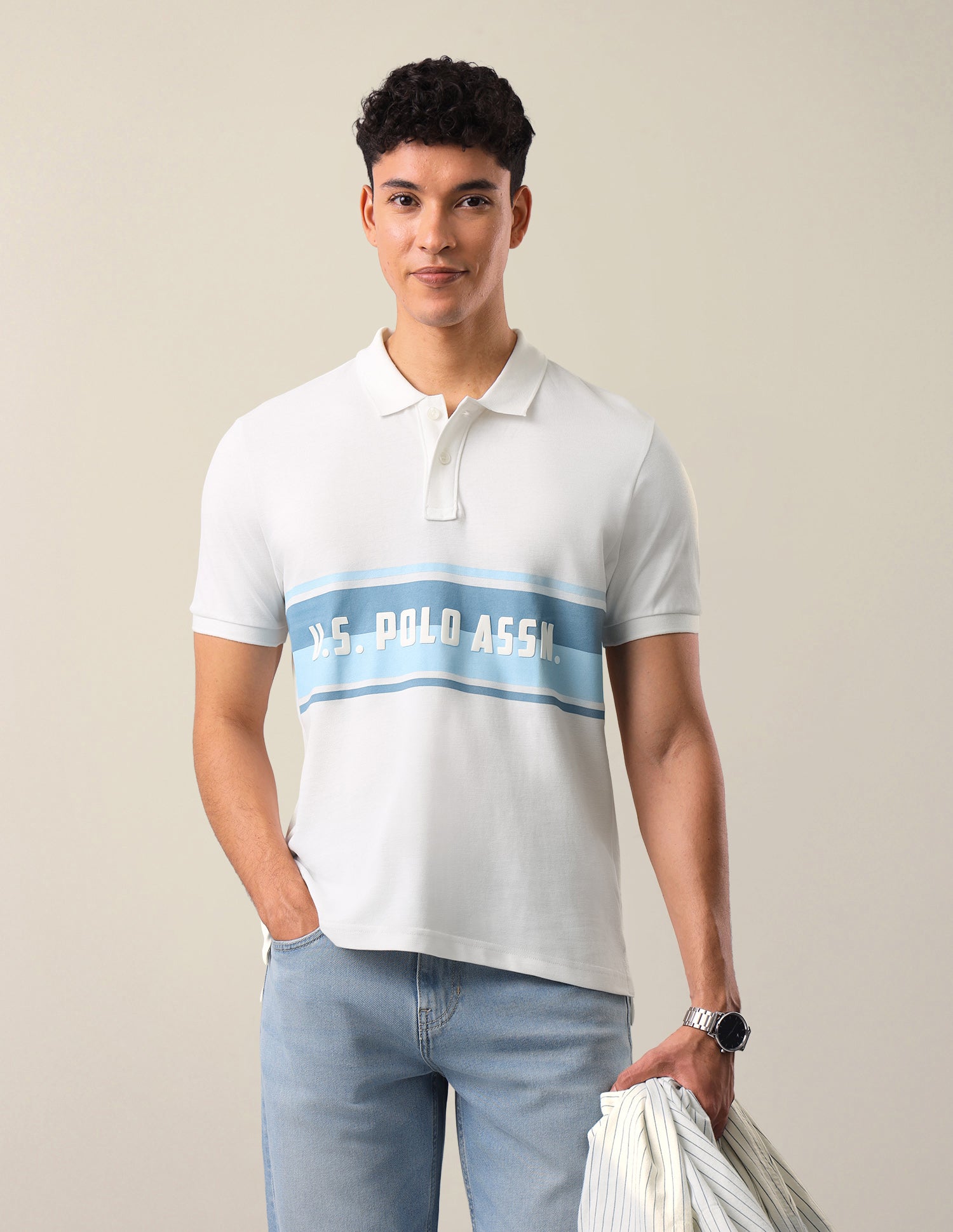 Colourblocked With Brand Printed Slim Fit Polo Shirt Ivory - U.S. Polo Assn. India | Large