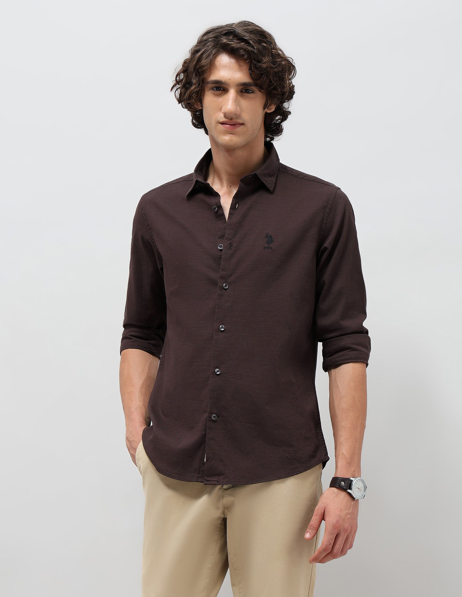 Slim Fit Pure Cotton Shirt Wine - U.S. Polo Assn. India | Large