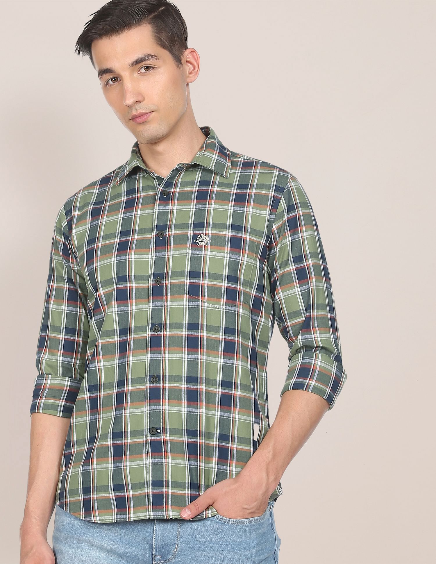 Men Olive Herringbone Weave Check Casual Shirt Olive - U.S. POLO ASSN. | Large
