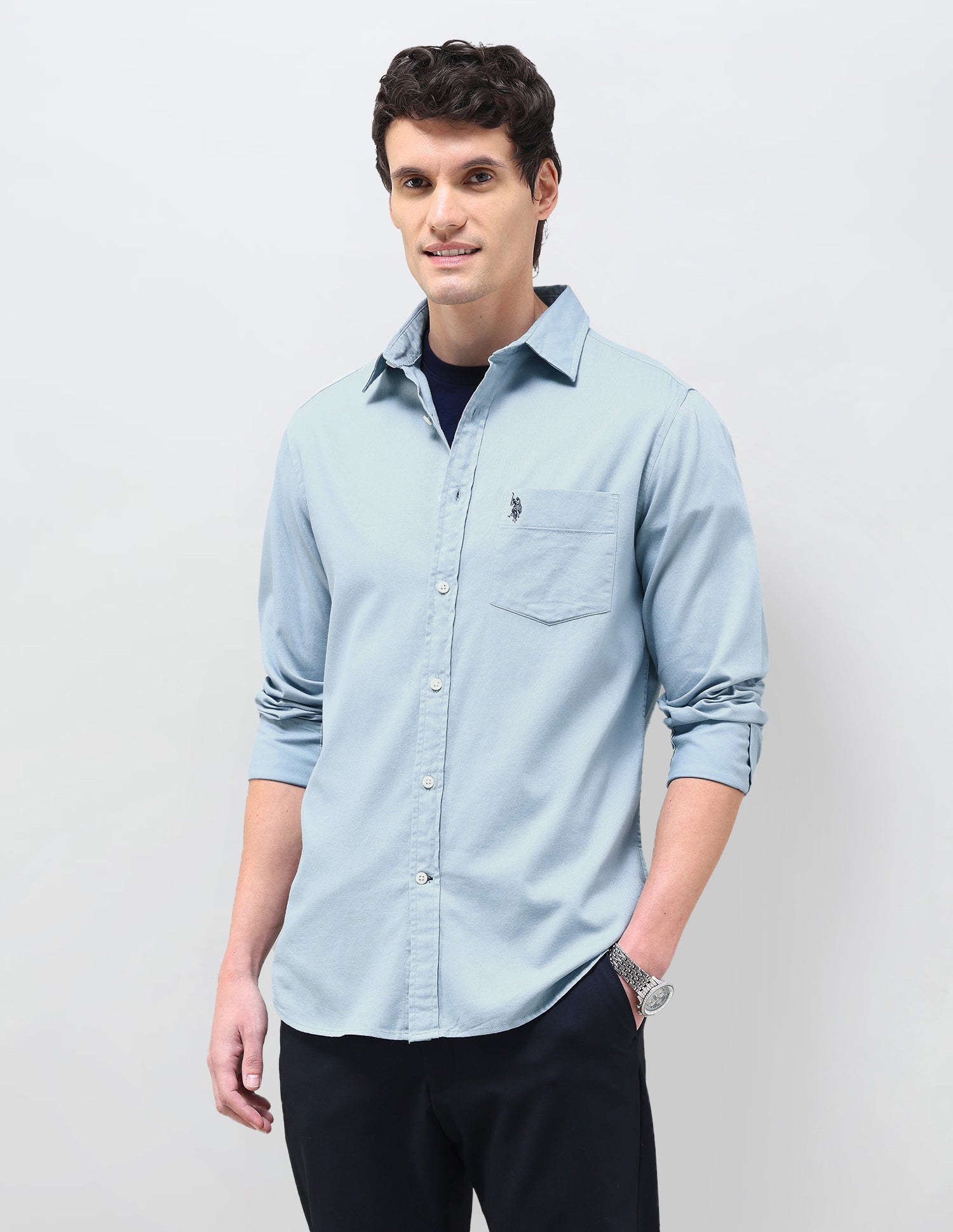 Dobby Tailored Fit Shirt Light Blue - U.S. Polo Assn. India | Large