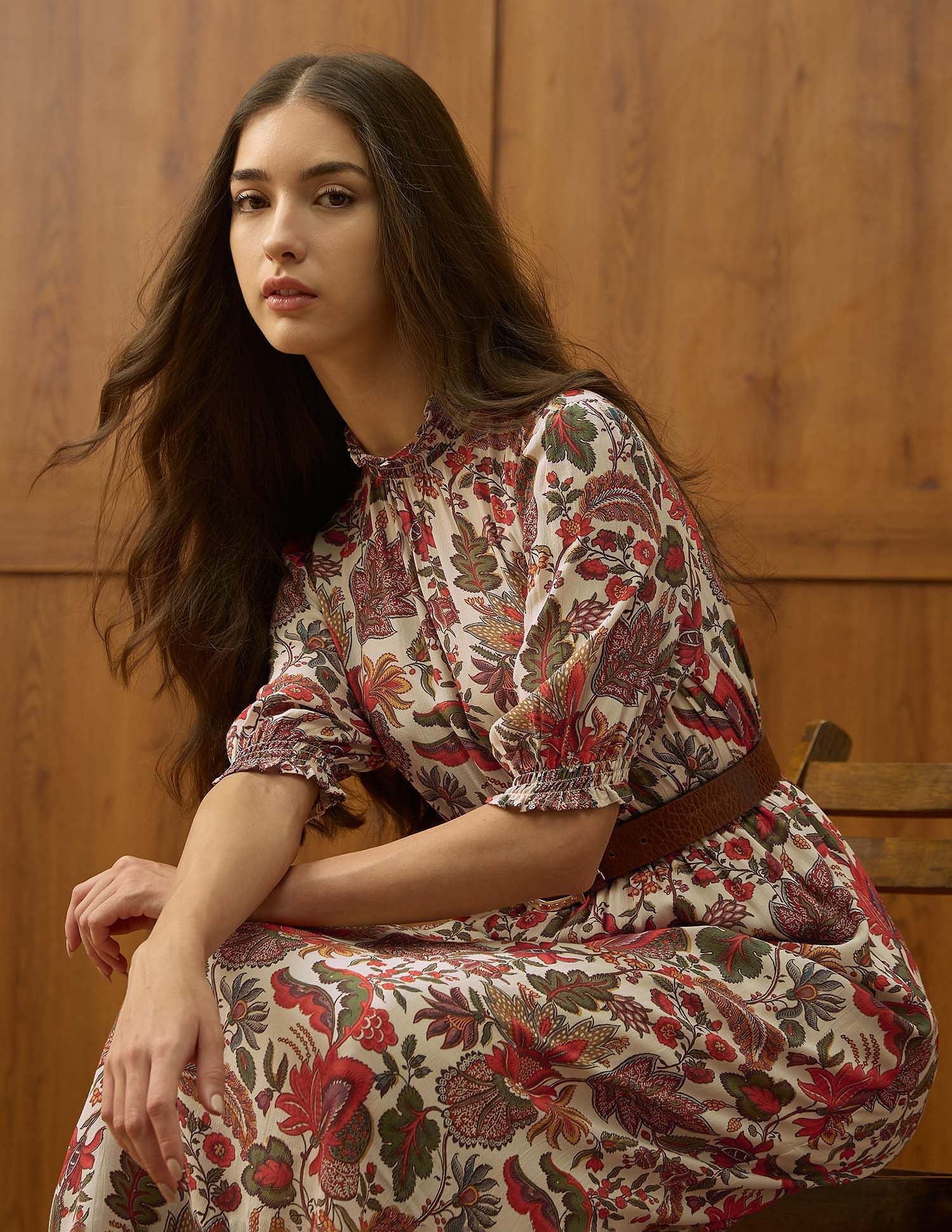 Smocked Floral Printed A-Line Midi Dress