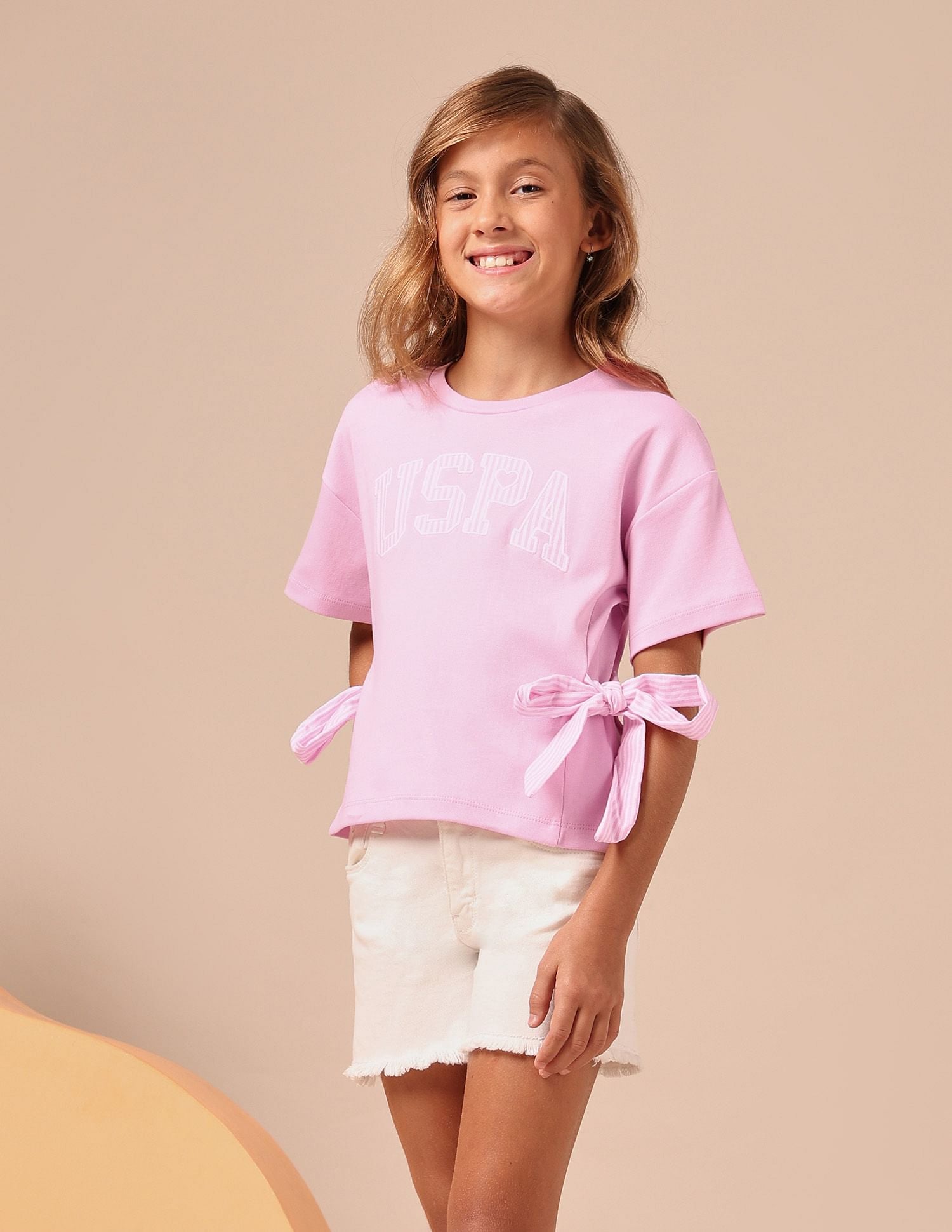 Girls Tie-up Bow Brand Printed T-Shirt