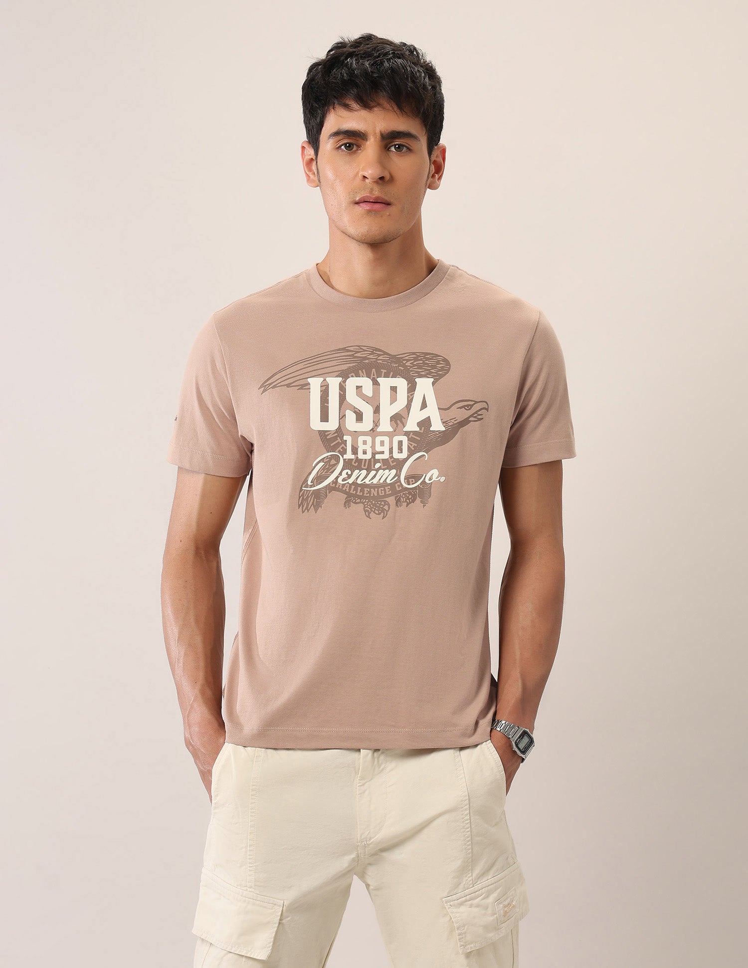 Brand Printed Muscle Fit T-Shirt Beige - U.S. Polo Assn. India | Large