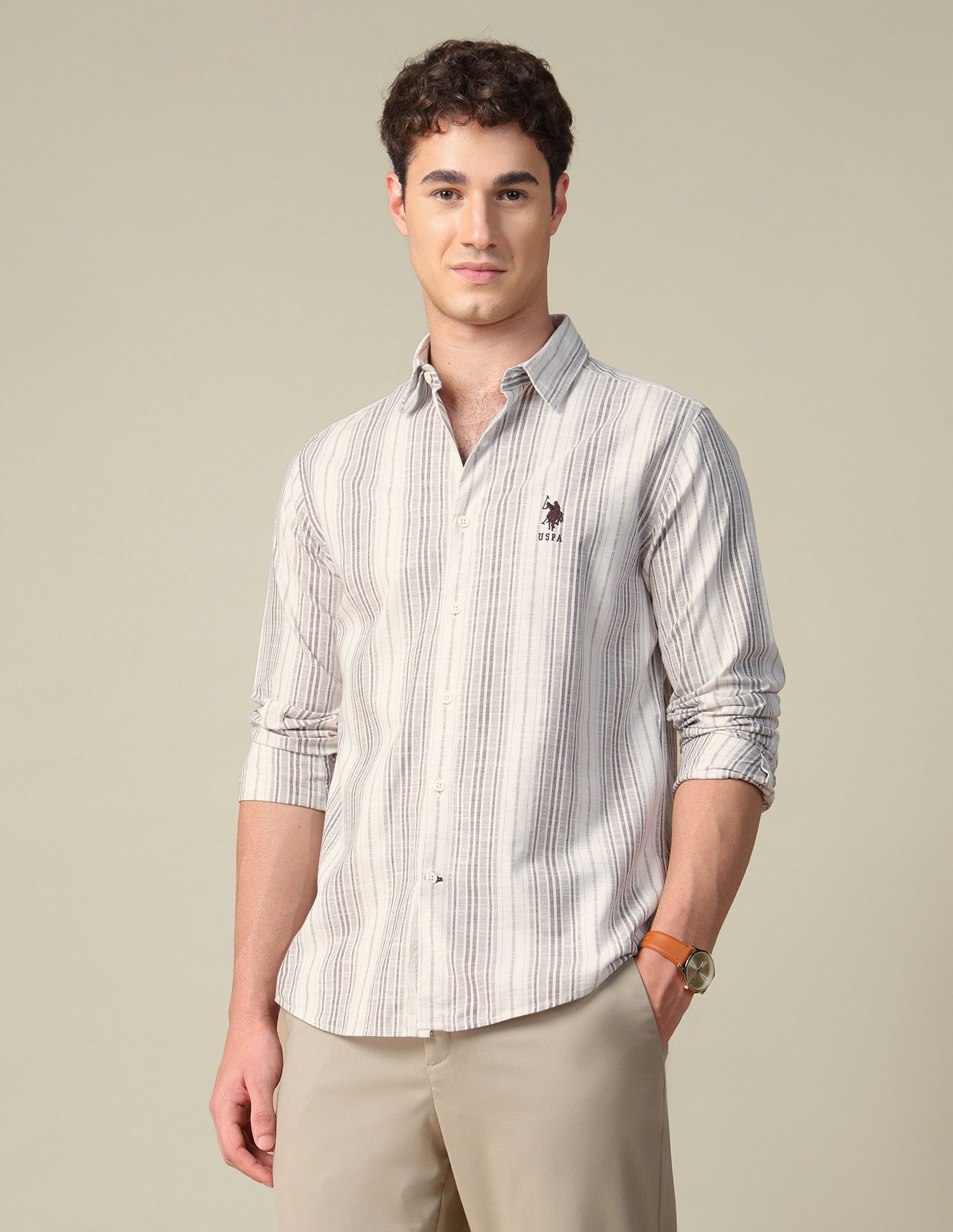 Vertical Striped Regular Fit Shirt Beige - U.S. Polo Assn. India | Large
