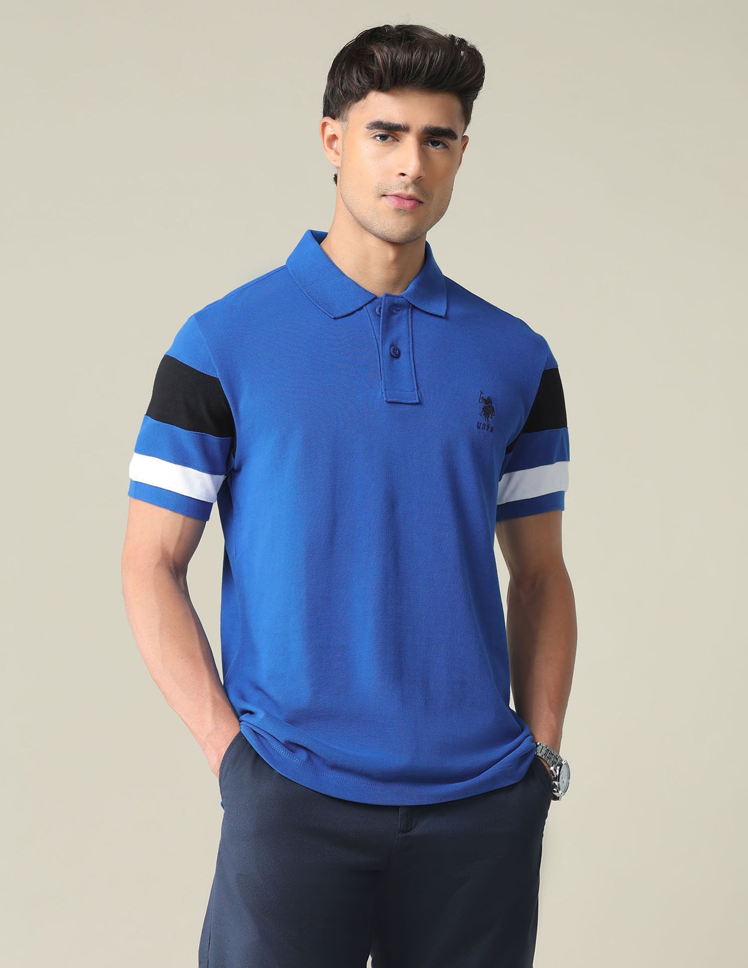 Striped Sleeve Cotton Polo Shirt