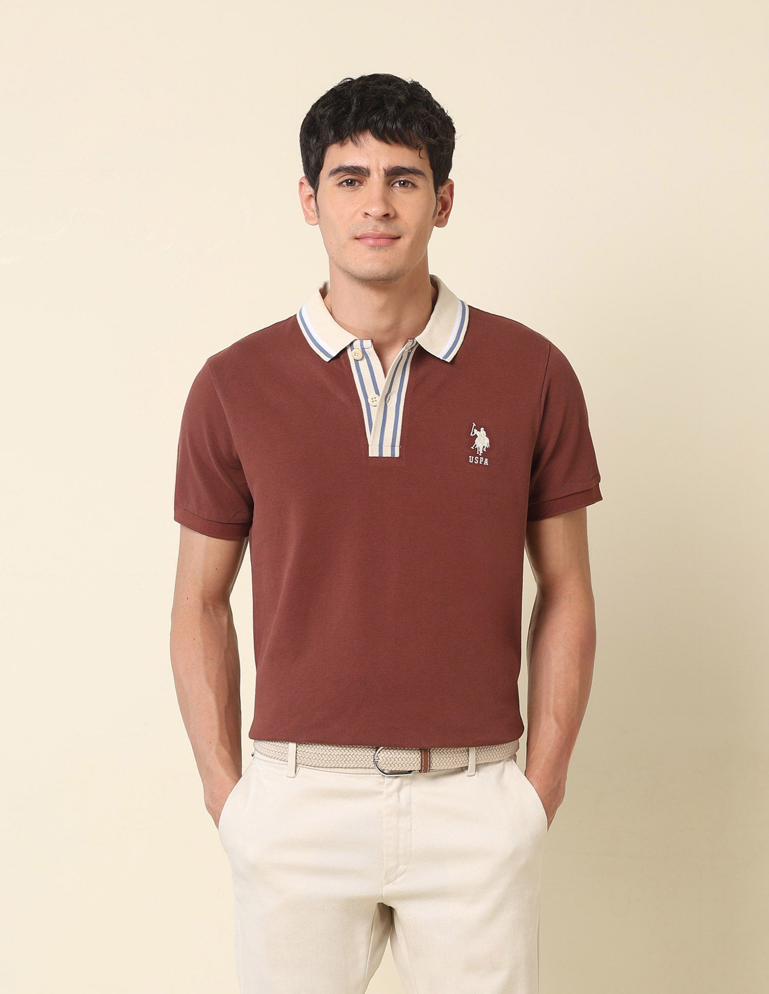 Pure Cotton Slim Fit Classic Polo Shirt Light Brown - U.S. Polo Assn. India | Large