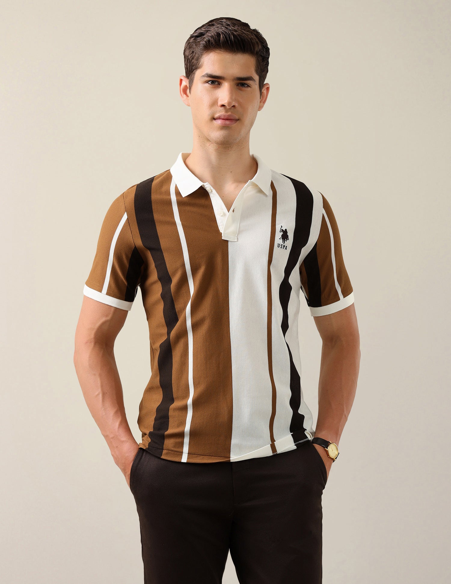 Vertical Striped Slim Fit Polo Shirt Brown - U.S. Polo Assn. India | Large