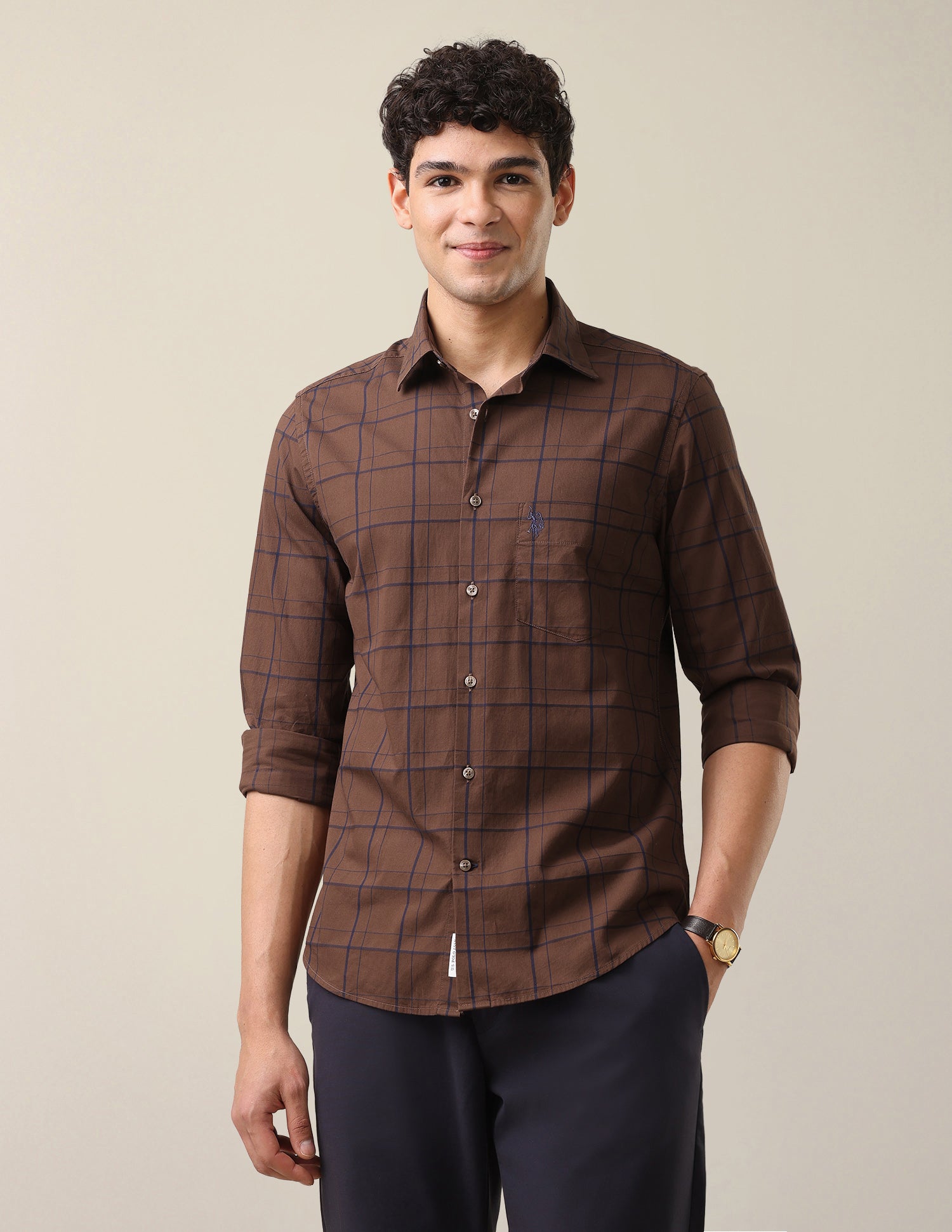 Windowpane Checked Tailored Fit Shirt Brown - U.S. Polo Assn. India | Large