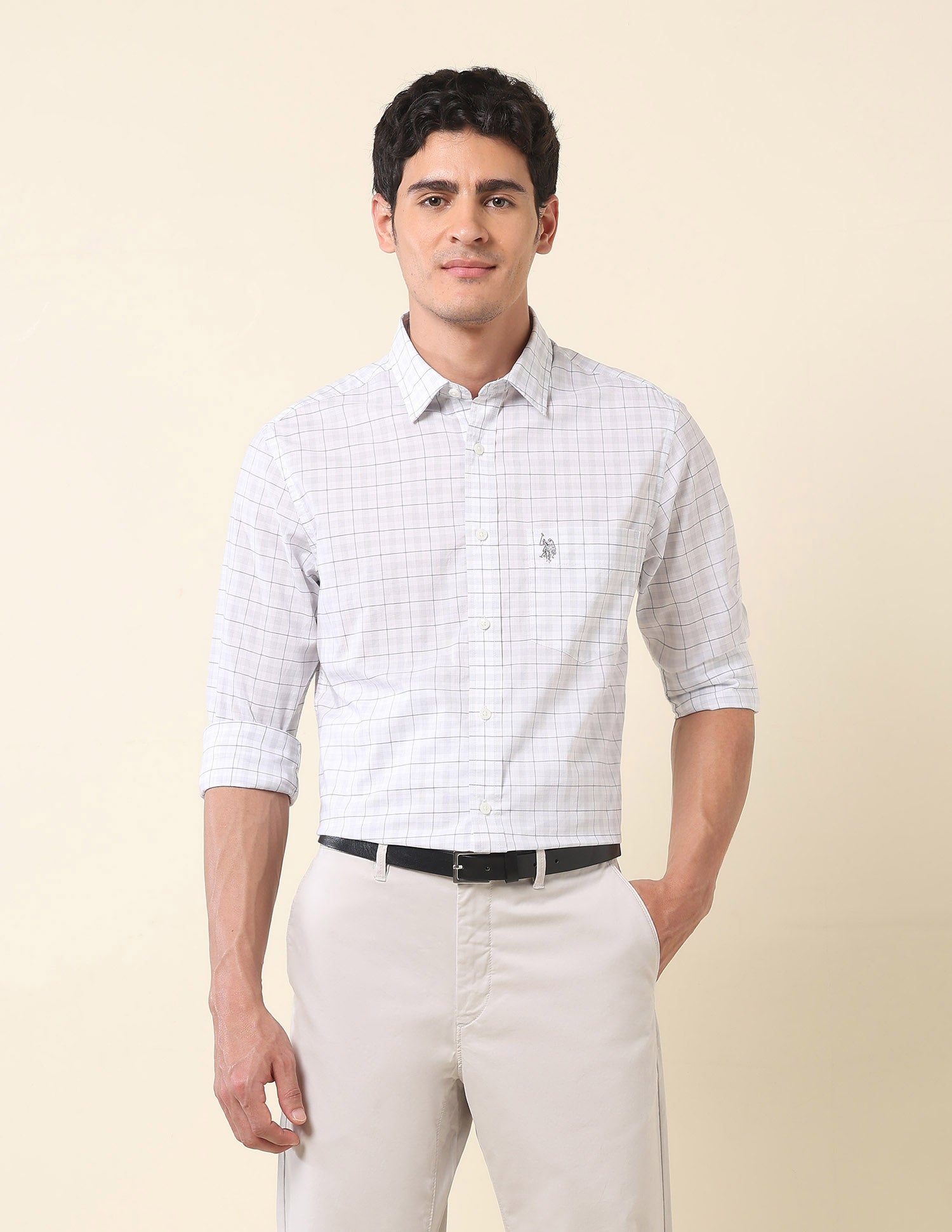 Pure Cotton Grid Tattersall Checked Shirt Grey - U.S. Polo Assn. India | Large