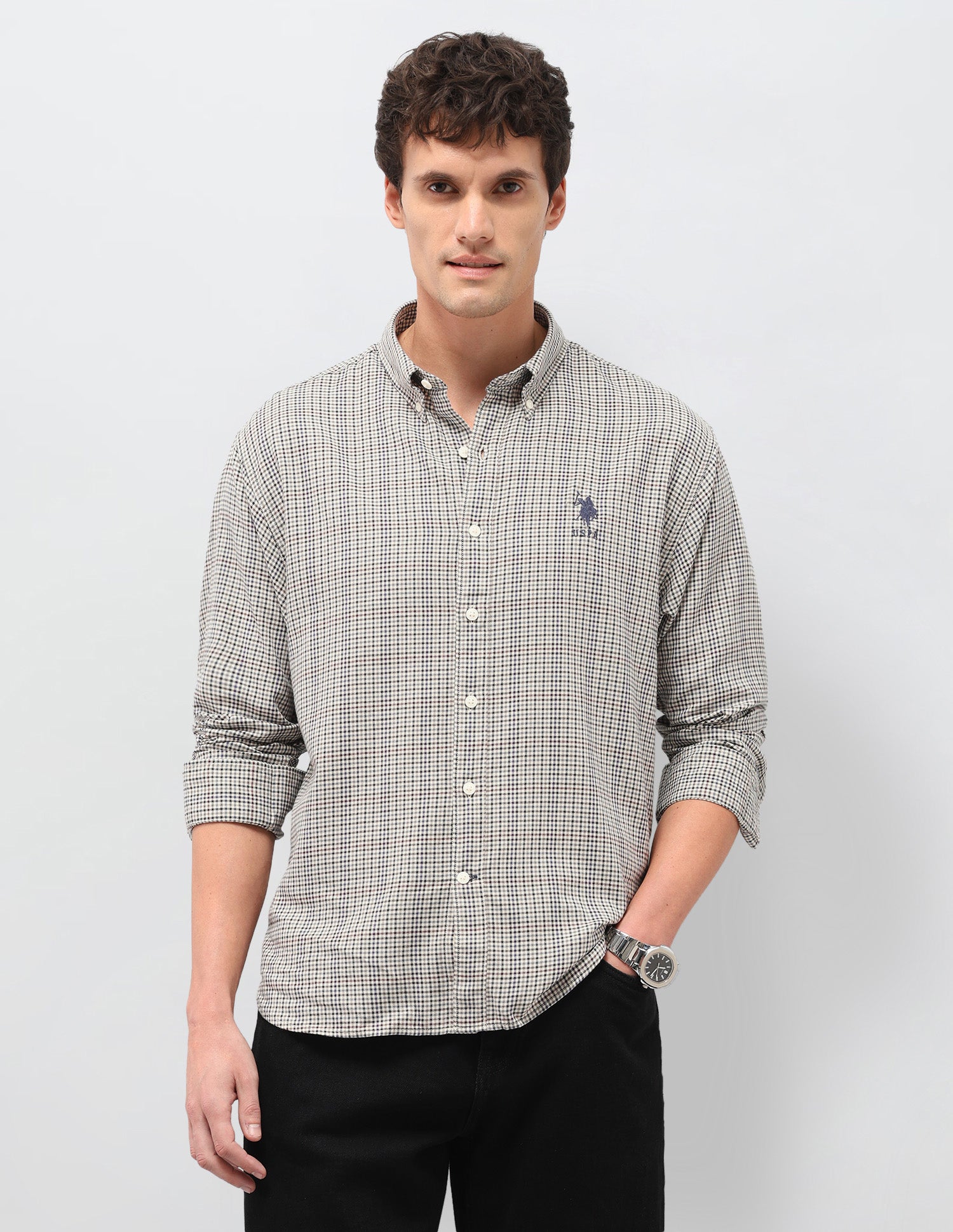 Grid Tattersall Checked Dobby Shirt Beige - U.S. Polo Assn. India | Large