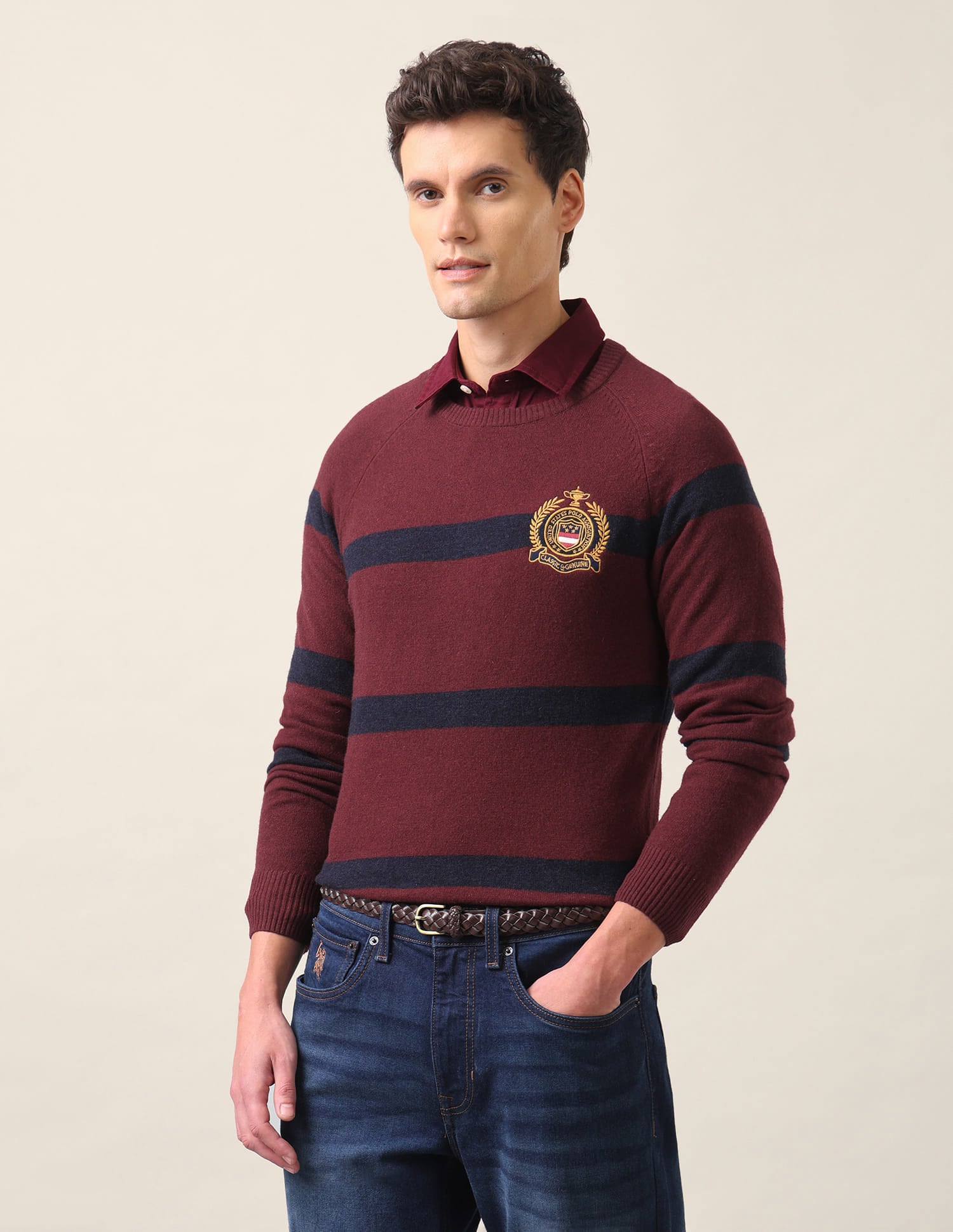 Crew Neck Horizontal Stripe Sweater Maroon - U.S. Polo Assn. India | Large