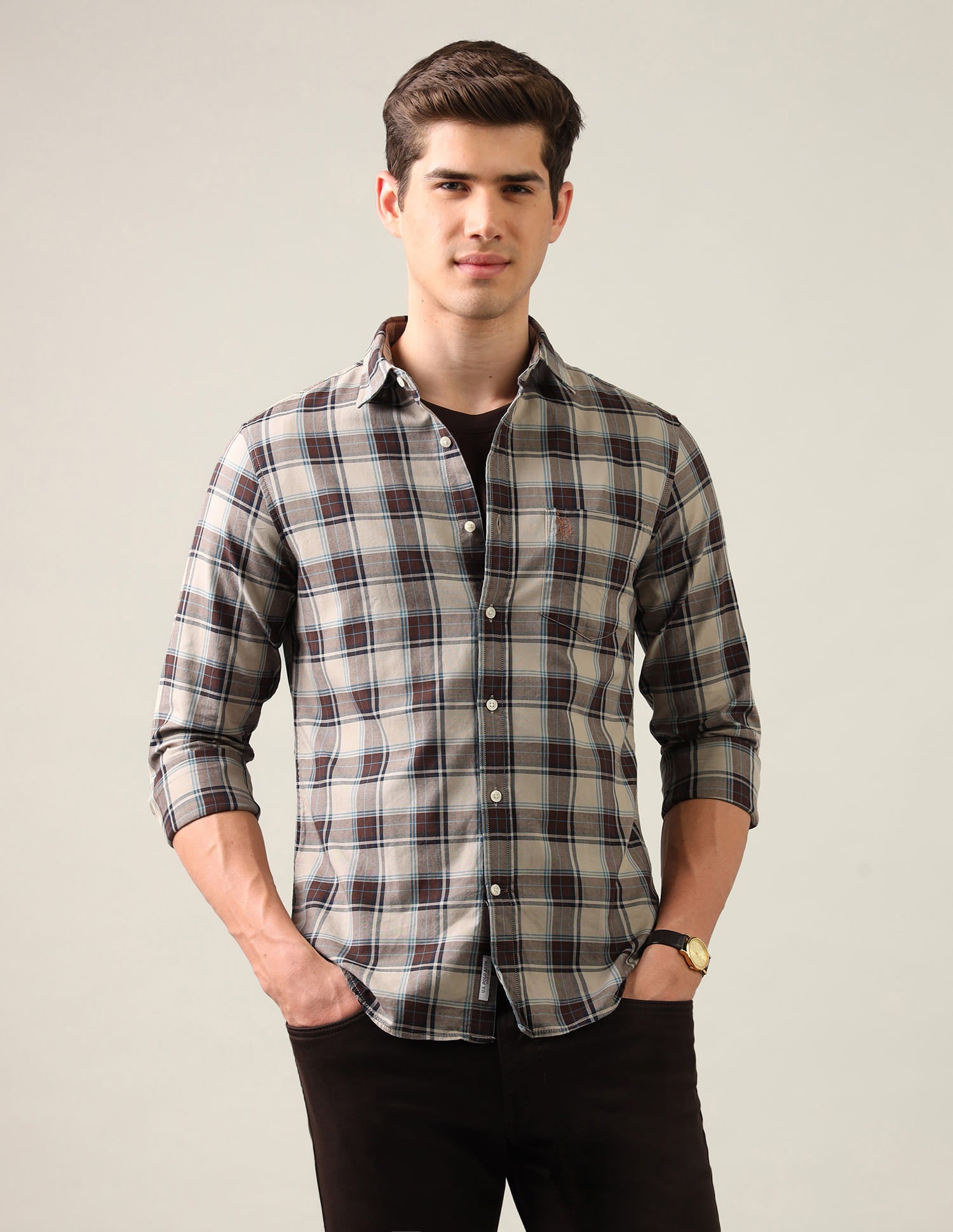 Grid Tattersall Checked Regular Fit Shirt Brown - U.S. Polo Assn. India | Large
