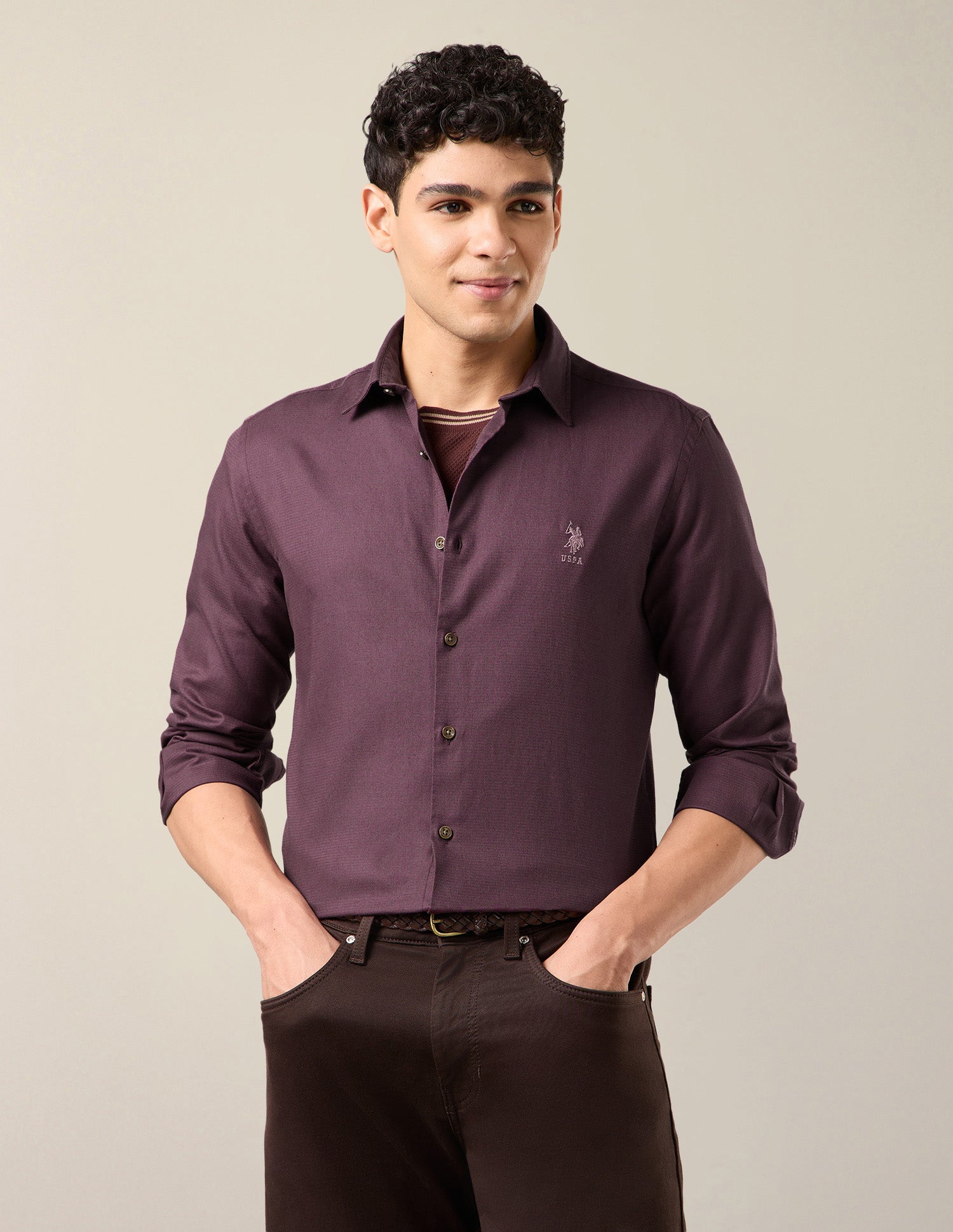 Solid Regular Fit Shirt Wine - U.S. Polo Assn. India | Large