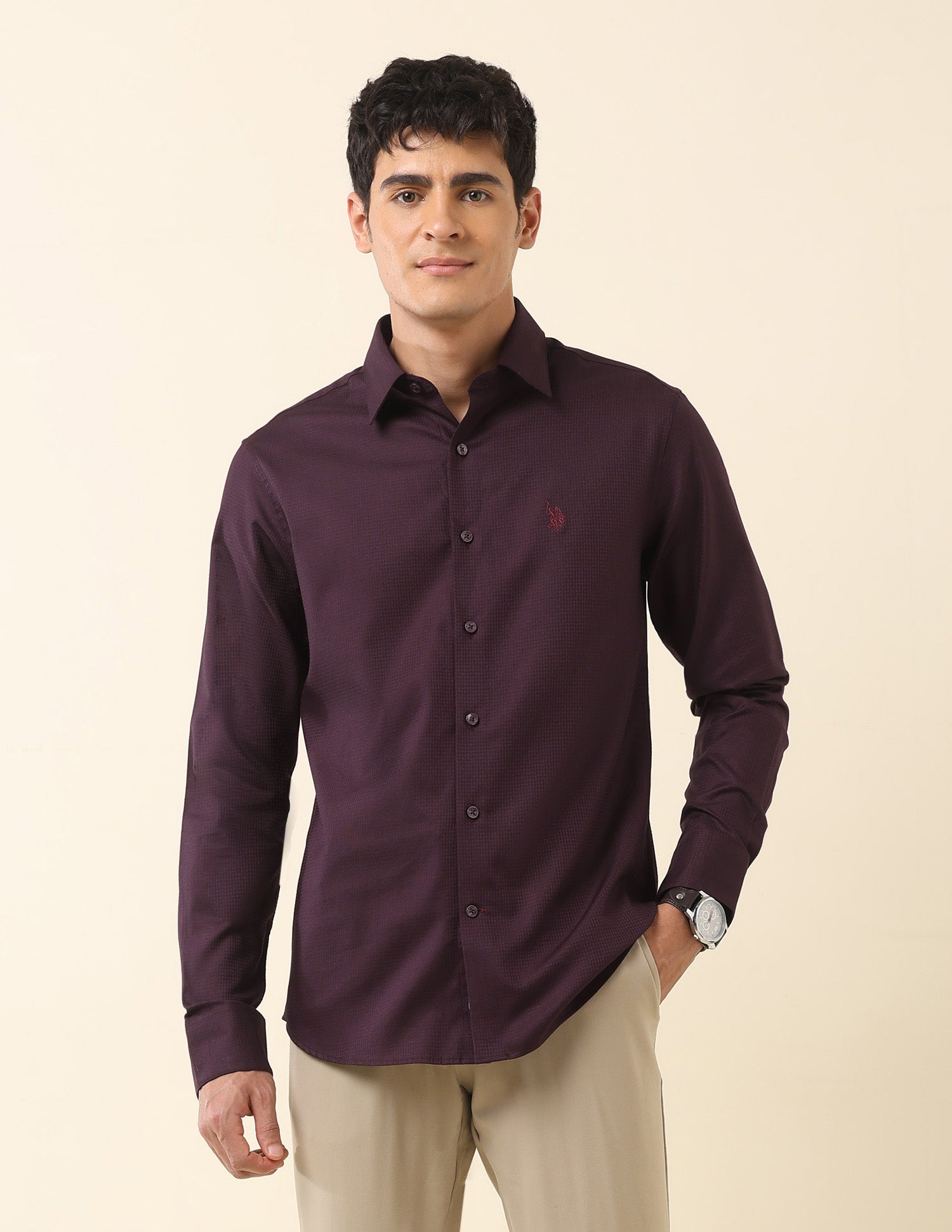 Tailored Fit Solid Pure Cotton Shirt Wine - U.S. Polo Assn. India | Large
