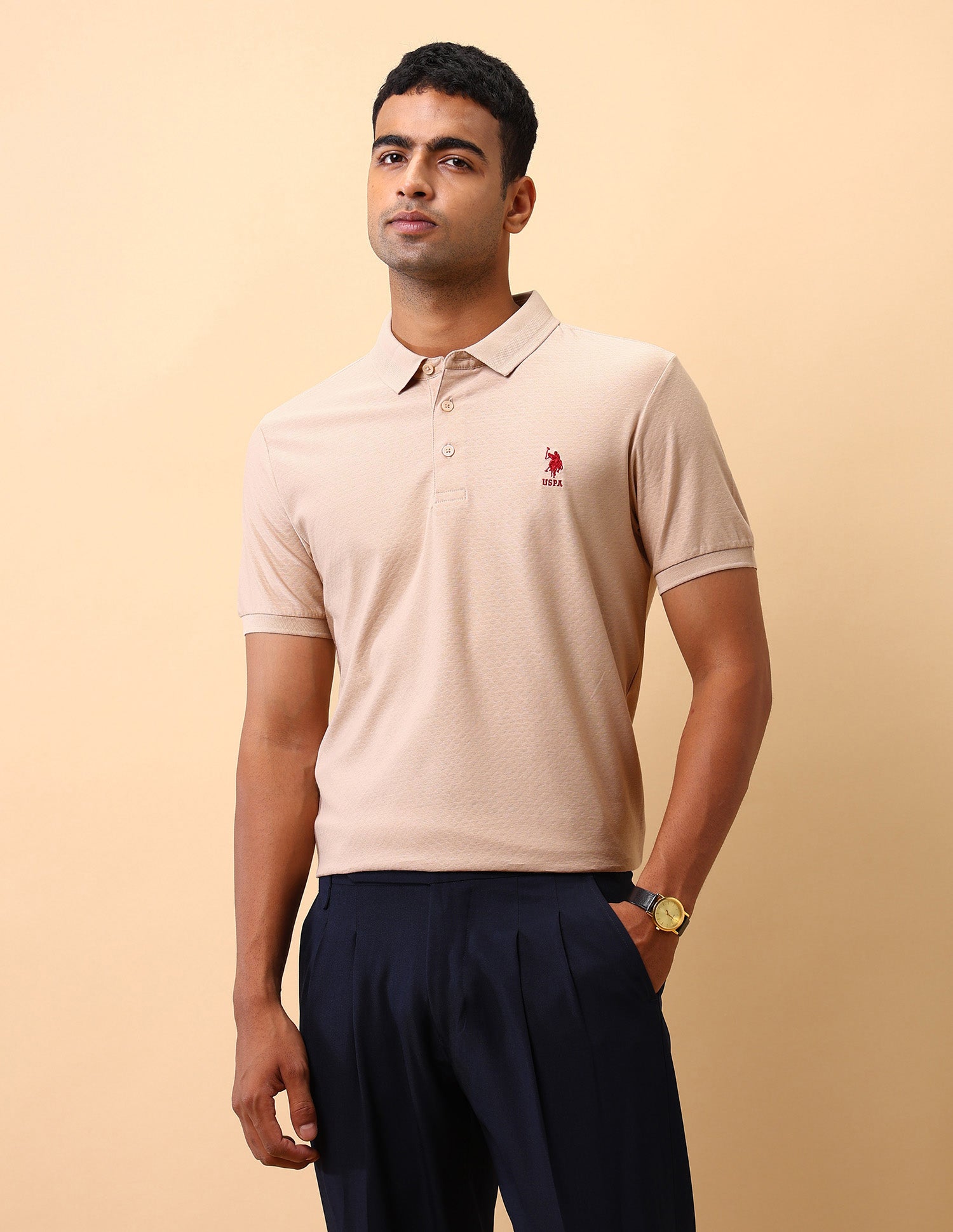 Textured Pure Cotton Polo Shirt Beige - U.S. Polo Assn. India | Large