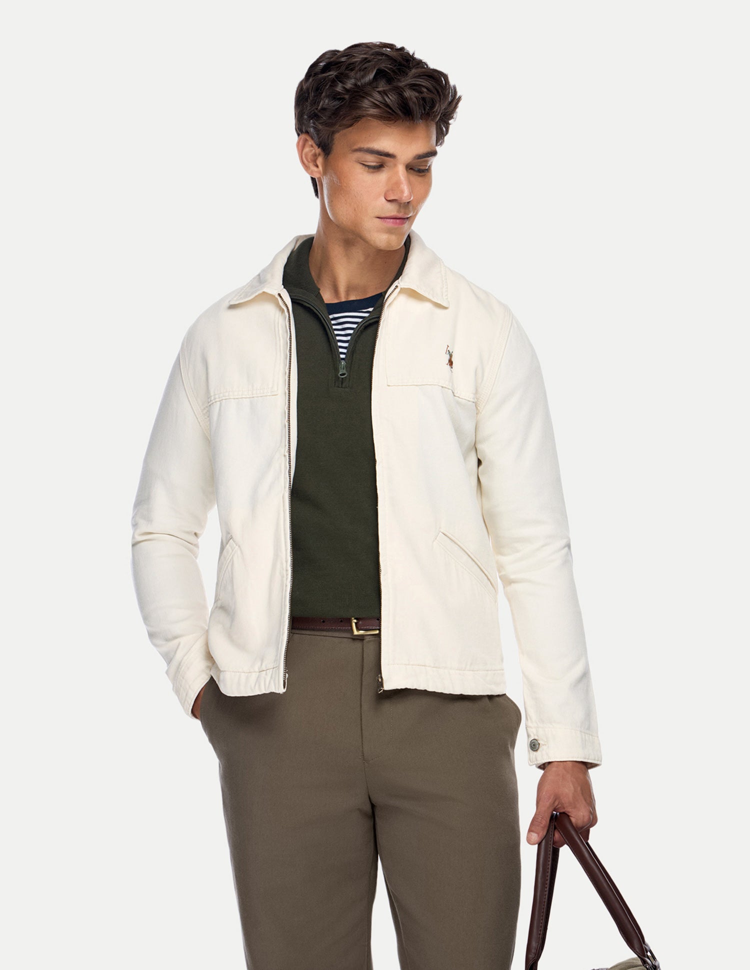Solid Regular Fit Trucker Jacket Ecru - U.S. Polo Assn. India | Large