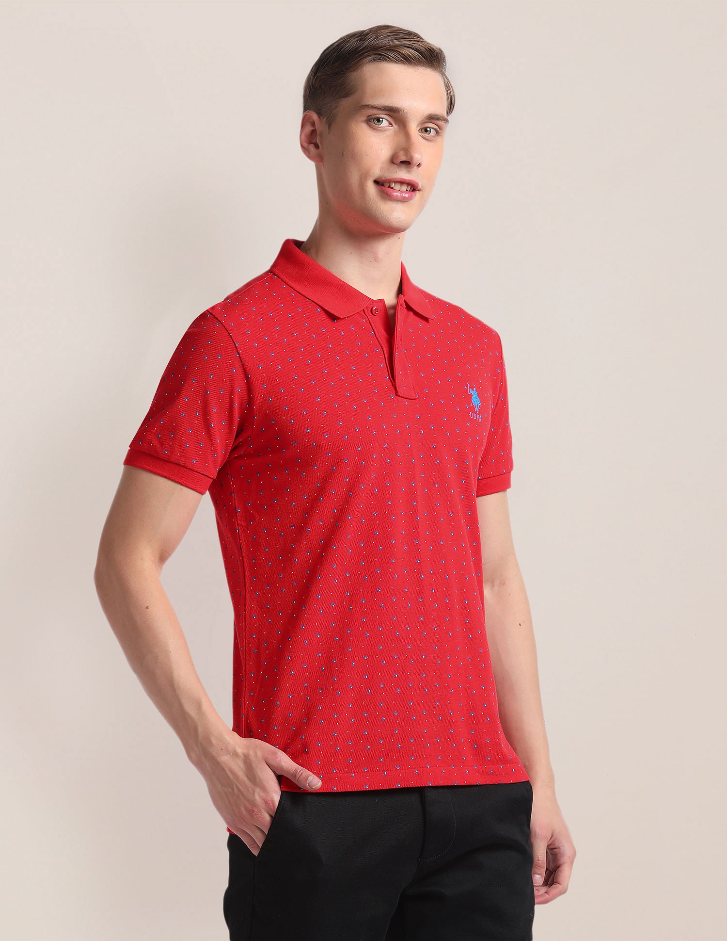 Graphic Print Ribbed Collar Polo Shirt Red - U.S. Polo Assn. India | Large