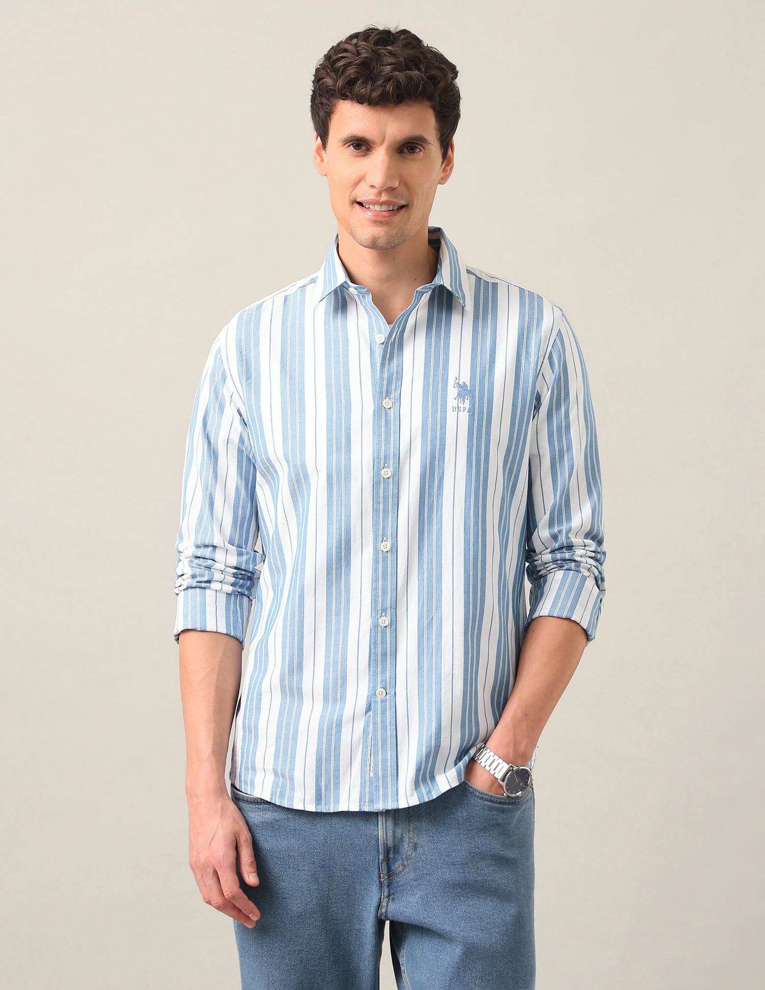 Vertical Striped Twill Shirt Blue - U.S. Polo Assn. India | Large