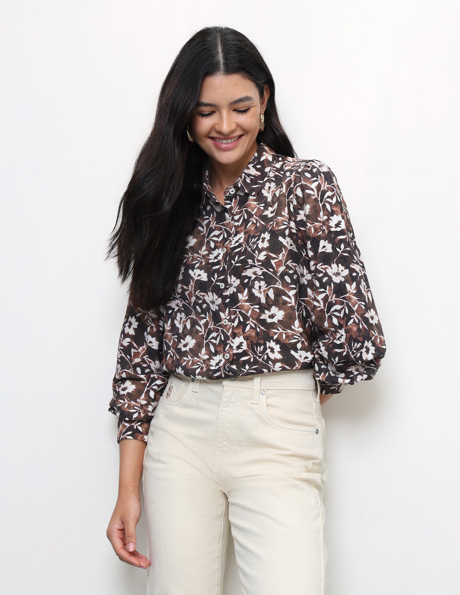 Floral Printed Regular Fit Shirt Dark Brown - U.S. Polo Assn. India | Large