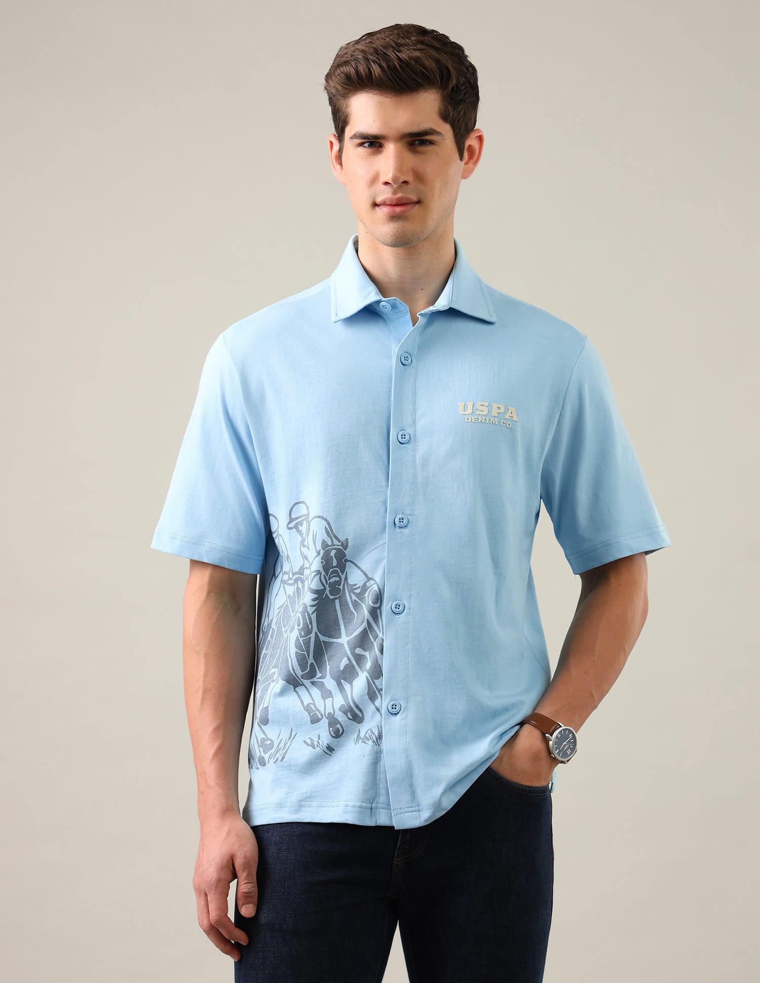 Graphic Brand Printed Knitted Shirt Blue - U.S. Polo Assn. India | Large