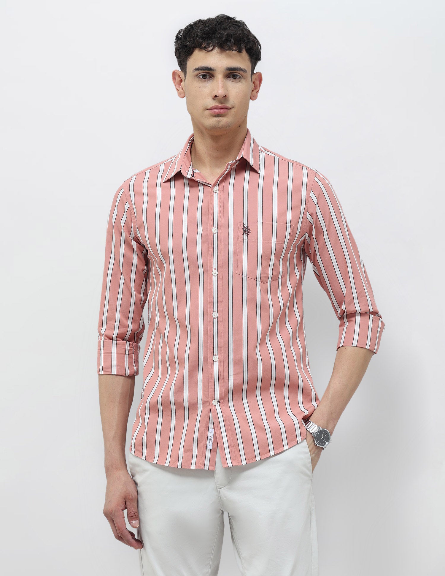 Vertical Striped Tailored Fit Shirt Peach - U.S. Polo Assn. India | Large