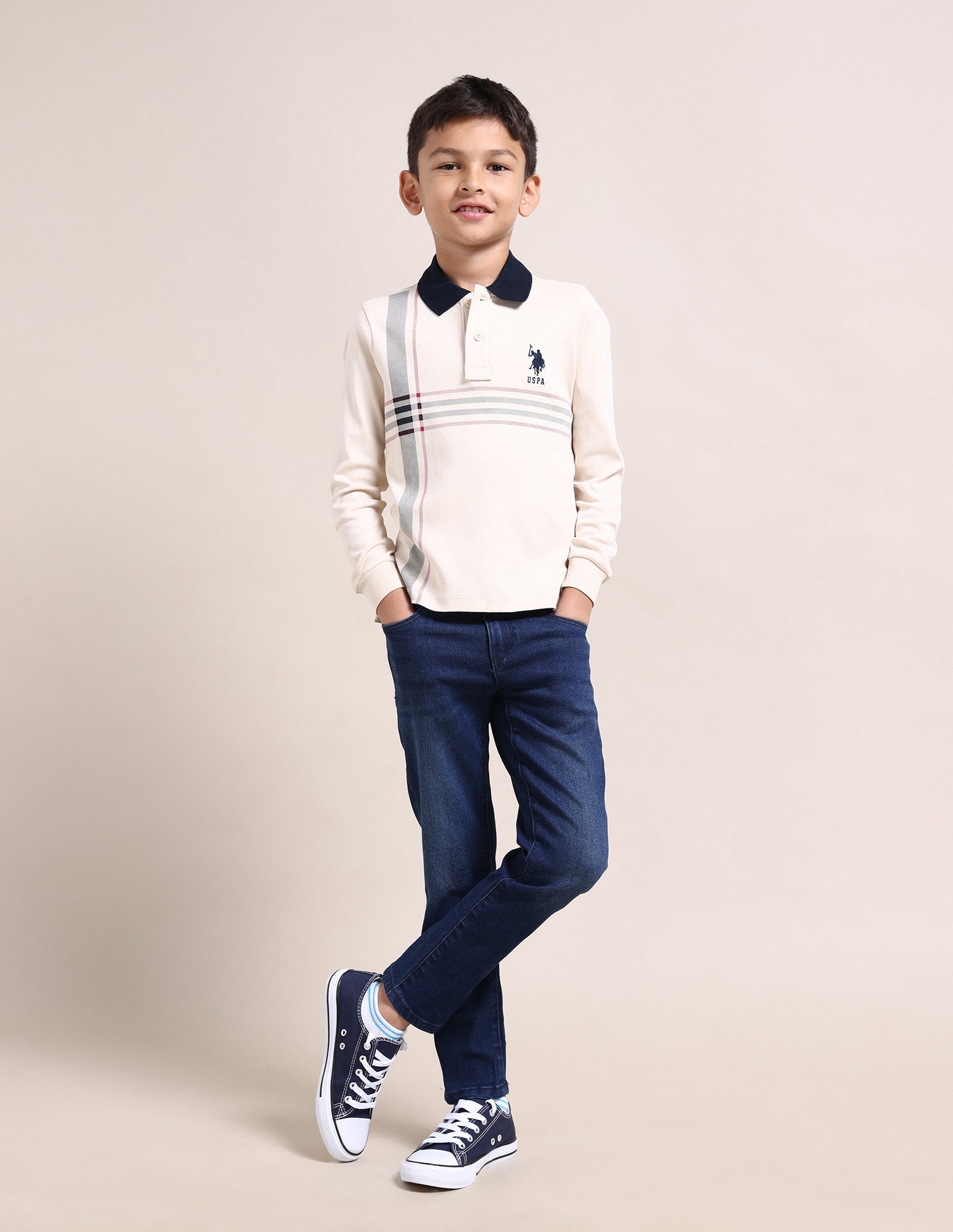 Boys Horizontal Striped Cotton Polo Shirt Beige - U.S. Polo Assn. India | Large