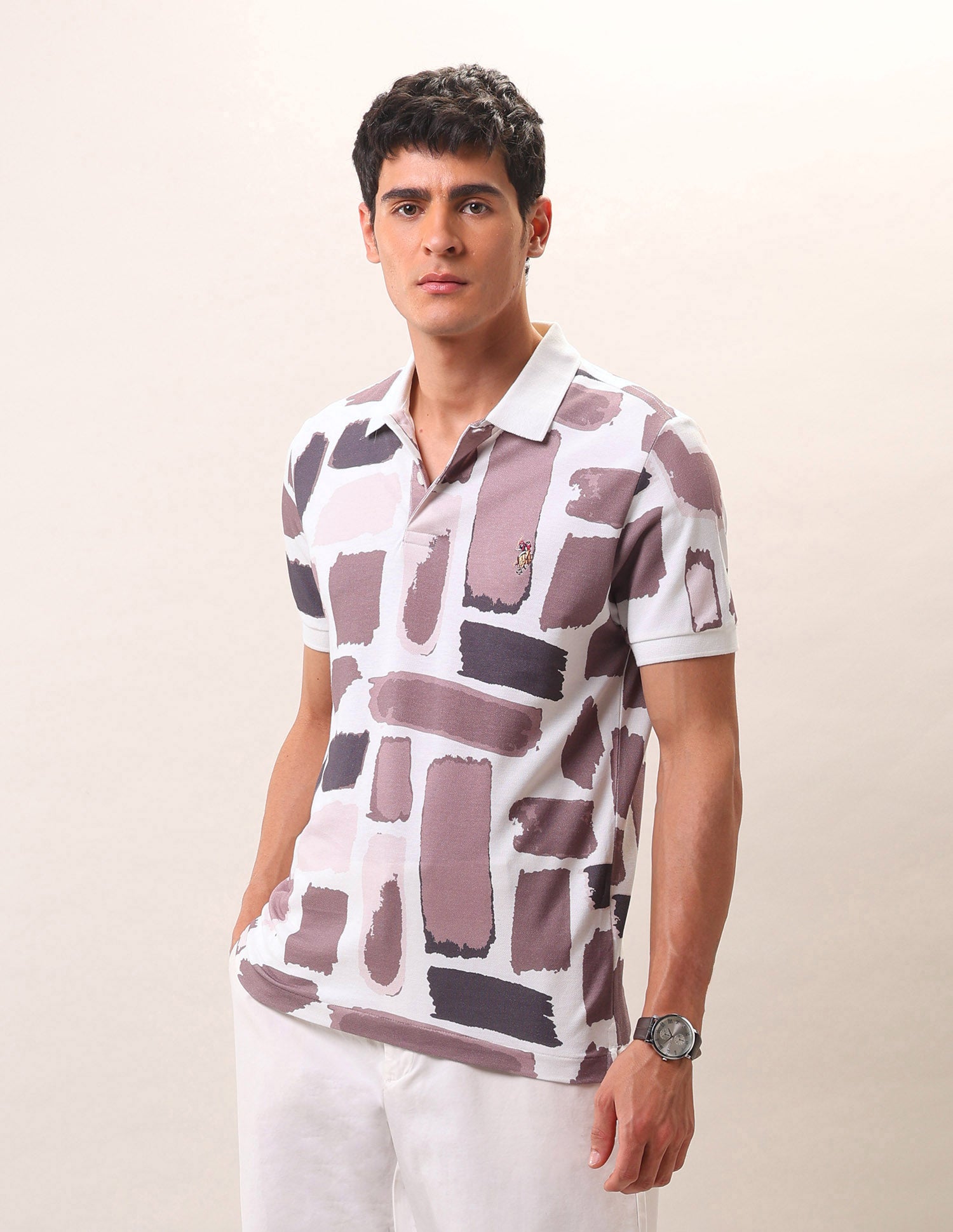 Abstract Printed Pure Cotton Polo Shirt Ivory - U.S. Polo Assn. India | Large