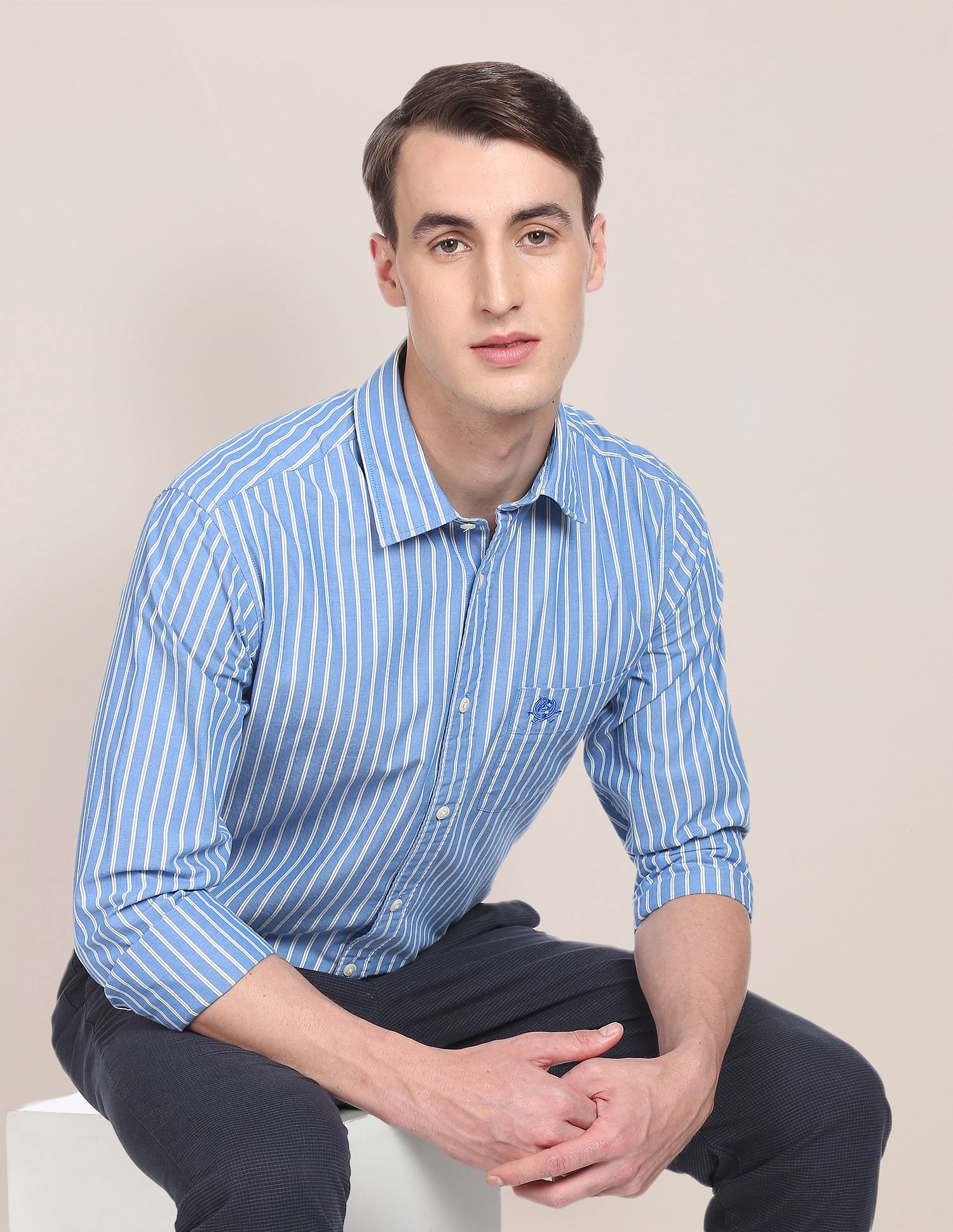 Premium Cotton Vertical Stripe Casual Shirt Blue - U.S. Polo Assn. India | Large