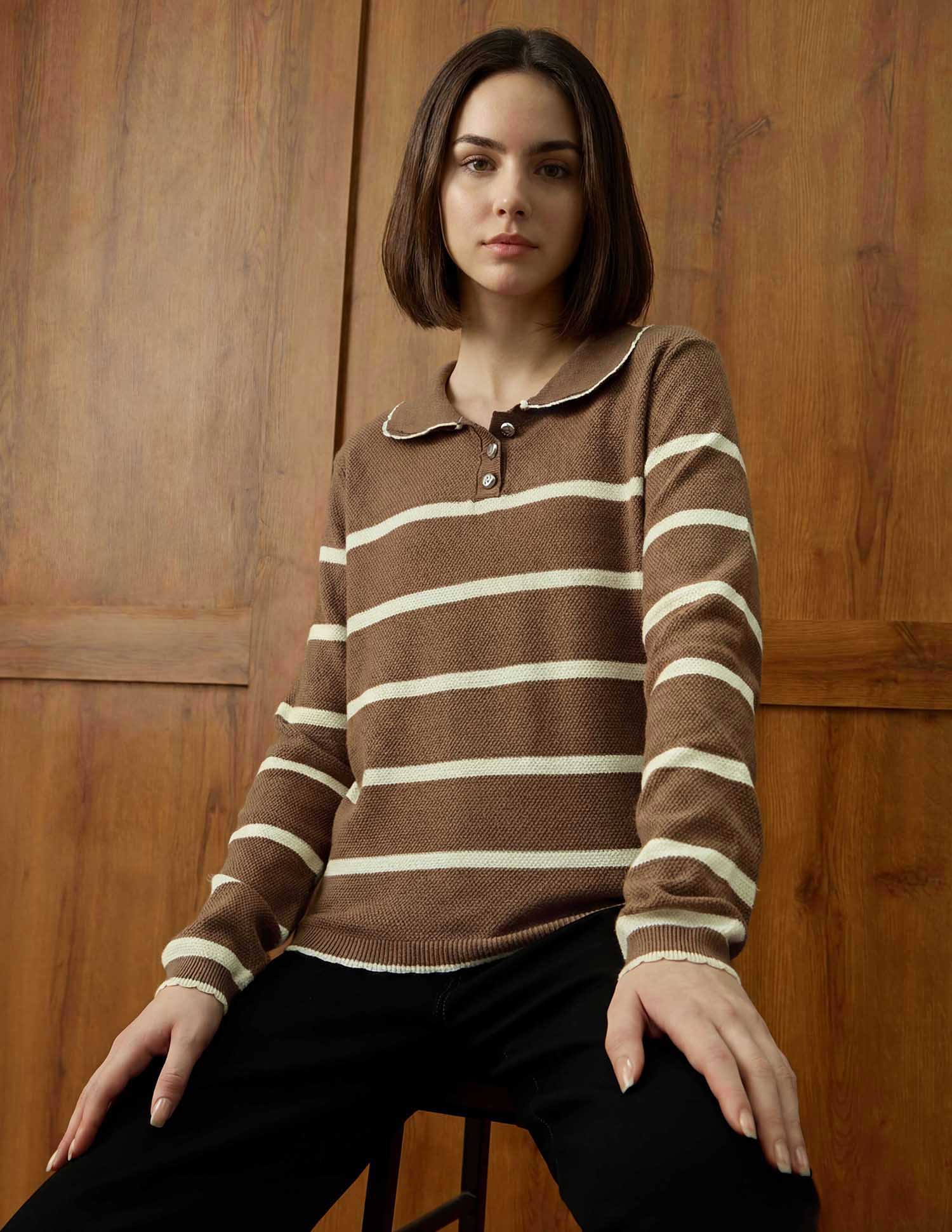 Horizontal Striped Ribbed Knit Sweater