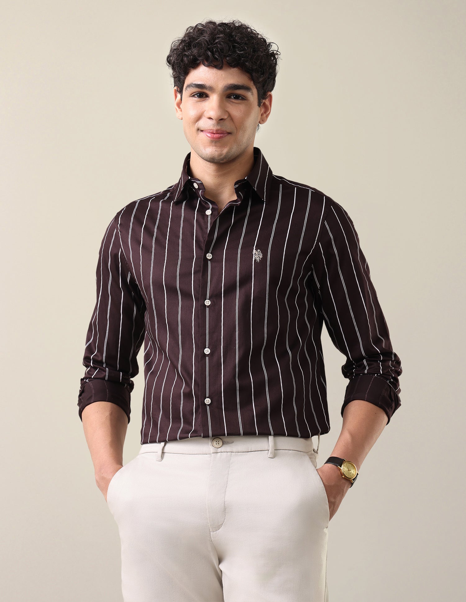 Satin Vertical Striped Shirt Brown - U.S. Polo Assn. India | Large