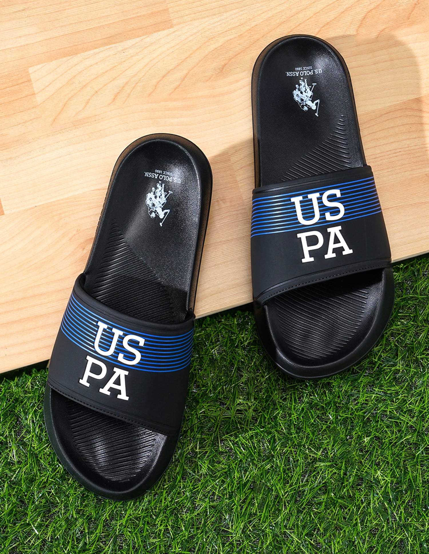 Men Striped Artax Sliders Black - U.S. Polo Assn. India | Large