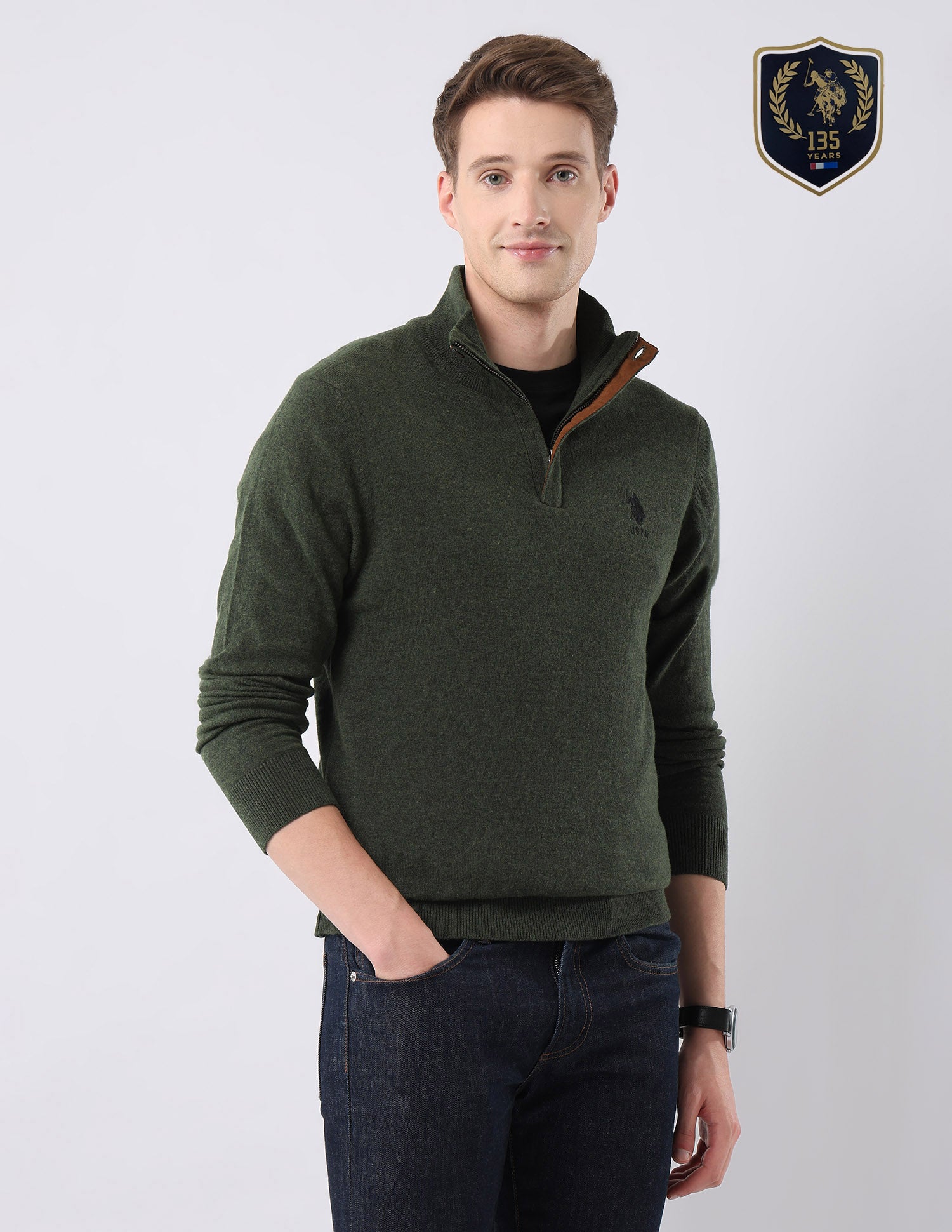 Regular Fit Solid Sweater Green - U.S. Polo Assn. India | Large