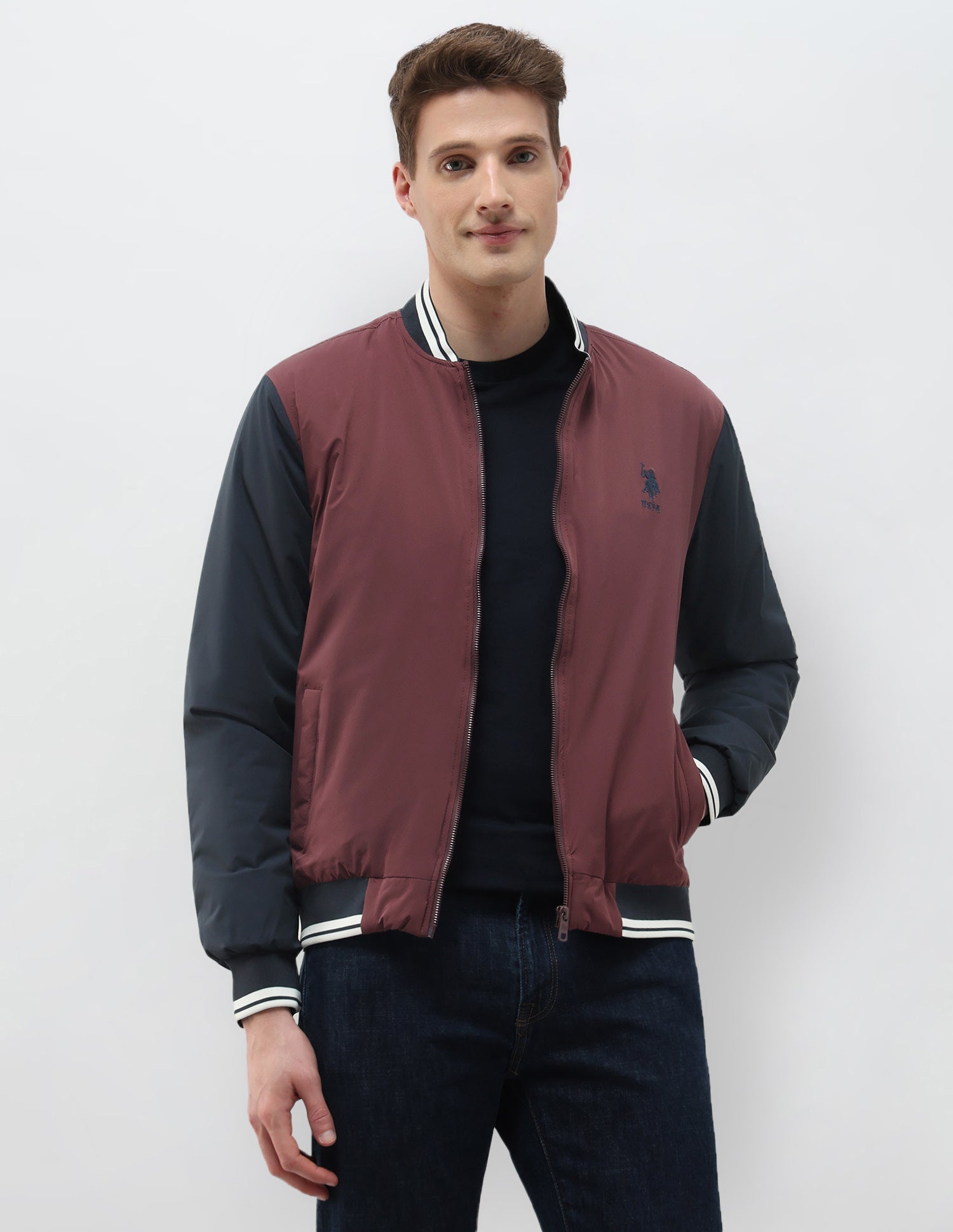 Colour Blocked Regular Fit Varsity Jacket