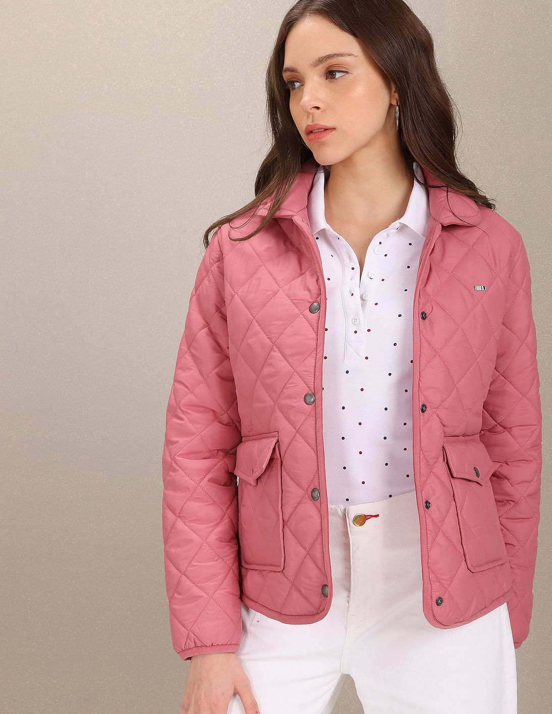 Snap Button Closure Solid Padded Jacket Pink - U.S. Polo Assn. India | Large