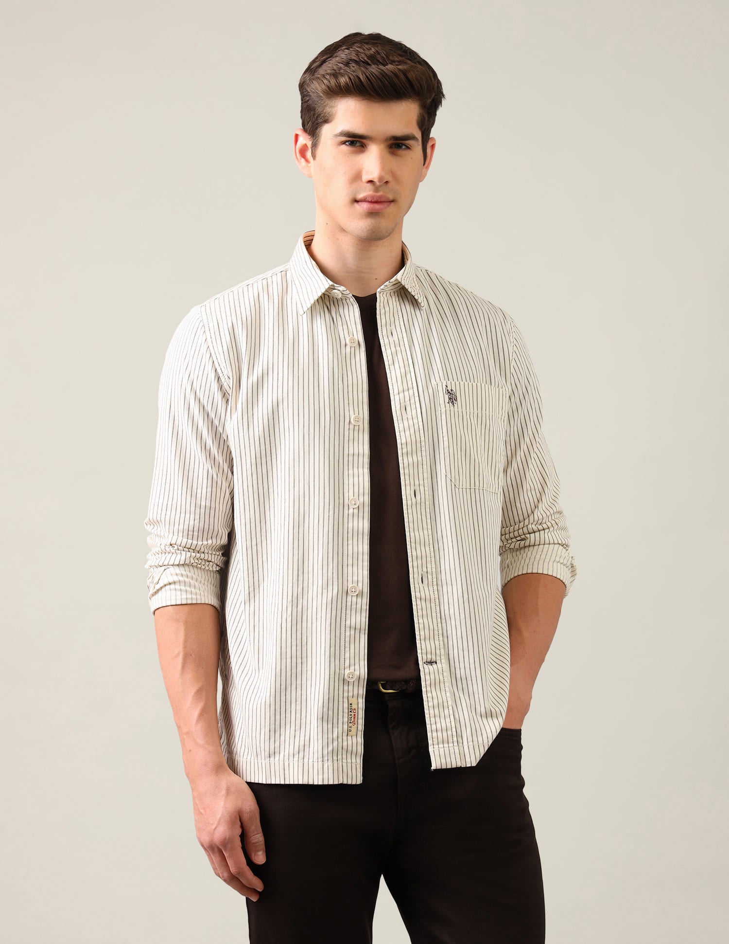 Vertical Striped Comfort Fit Shirt Beige - U.S. Polo Assn. India | Large